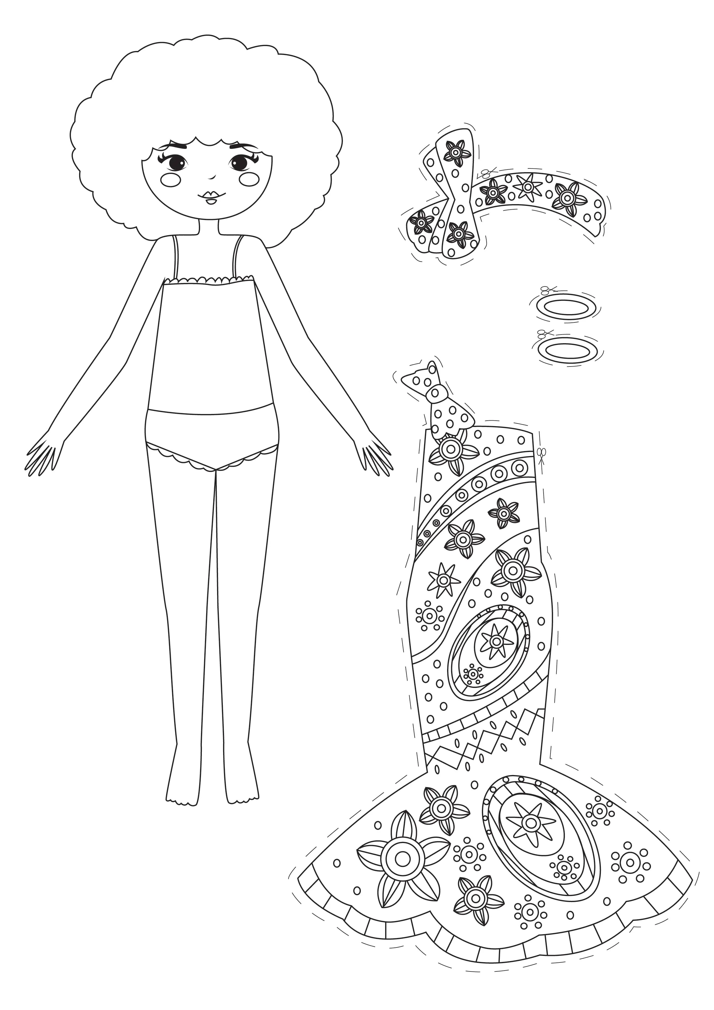 Afrikanische Papiertpuppen mit einem schönen Kleid mit hübschen Mustern. (Ausmalbild von Papierpuppen zum Ausdrucken und Ausmalen für Kinder)