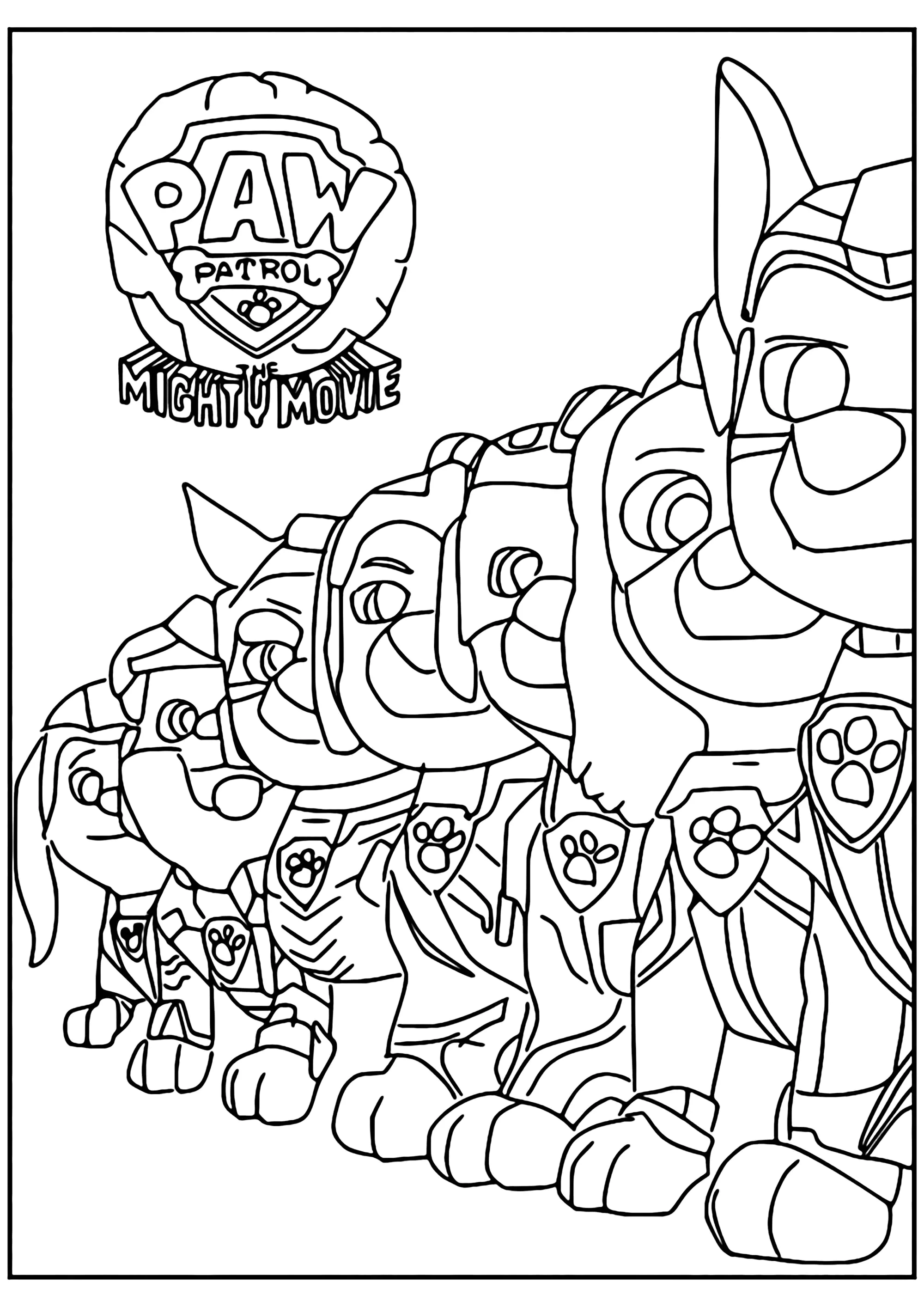 Die Mitglieder der PAW Patrol (Ausmalbild von Paw Patrol: Die Mighty Pups zum Ausdrucken und Ausmalen für Kinder)