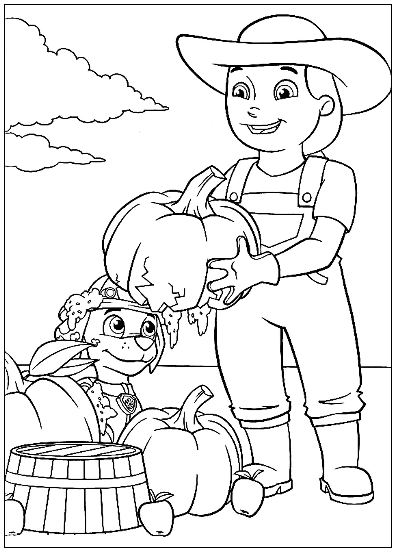 Paw Patrol: Zerbrochener Kürbis (Ausmalbild zum Ausdrucken und Ausmalen für Kinder)