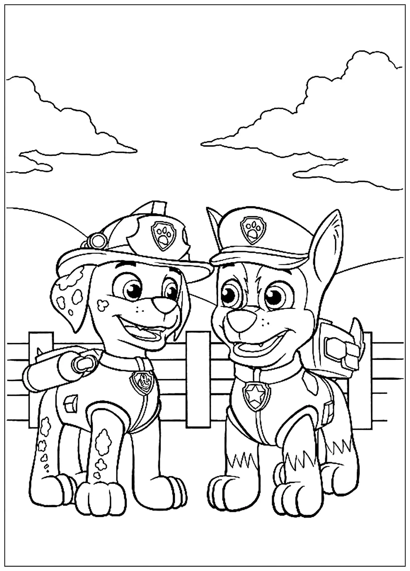 Paw Patrol: Zwei Freunde: Chase und Rocky (Ausmalbild zum Ausdrucken und Ausmalen für Kinder)