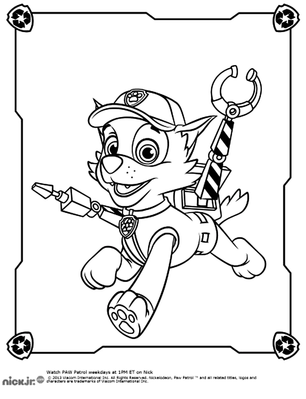 Rocky ist immer bereit zu helfen. (Ausmalbild von Paw Patrol zum Ausdrucken und Ausmalen für Kinder)