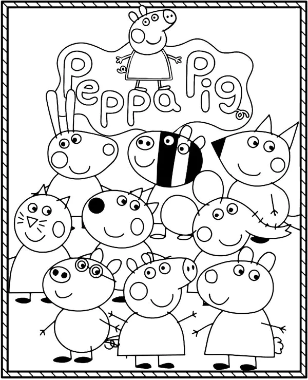 Peppa Wutz und ihre Freunde (Ausmalbild von Peppa Pig zum Ausdrucken und Ausmalen für Kinder)