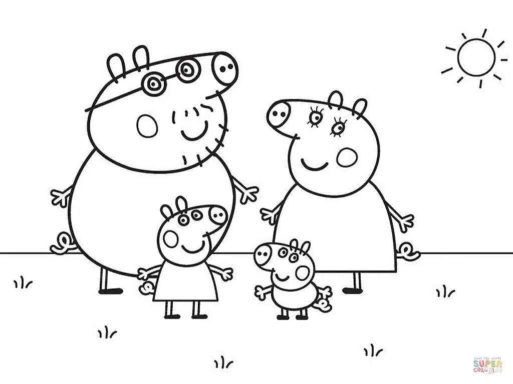 Peppa Wutz und ihre Familie (Ausmalbild von Peppa Pig zum Ausdrucken und Ausmalen für Kinder)