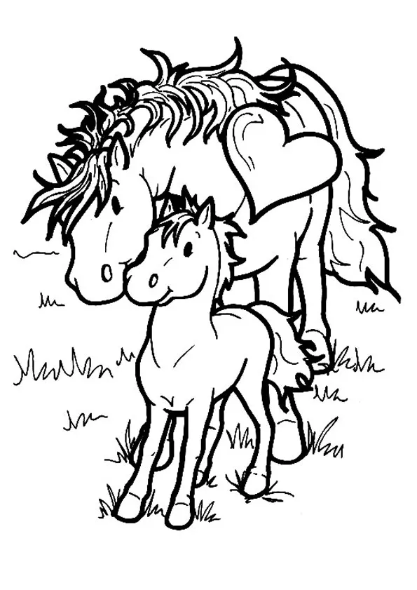 Pferd und sein Fohlen (Ausmalbild von Pferde zum Ausdrucken und Ausmalen für Kinder)