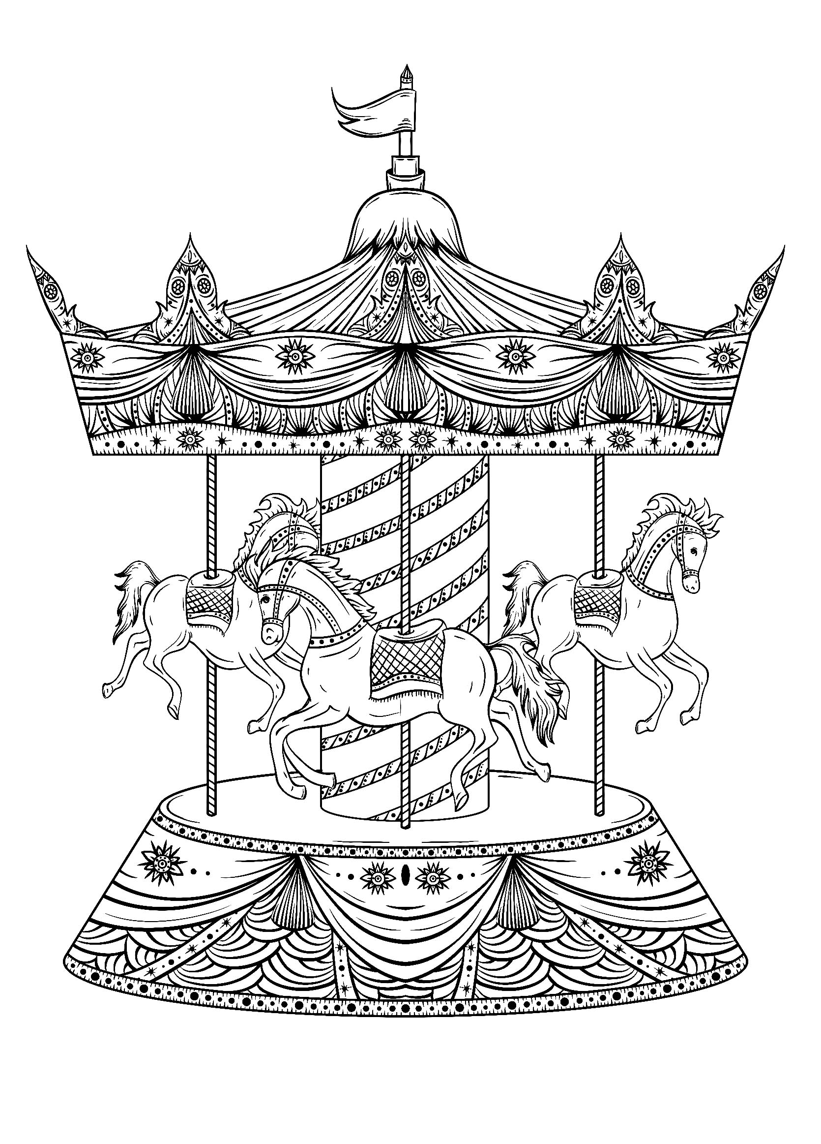 Schönes Karussell (Ausmalbild von Pferde zum Ausdrucken und Ausmalen für Kinder)