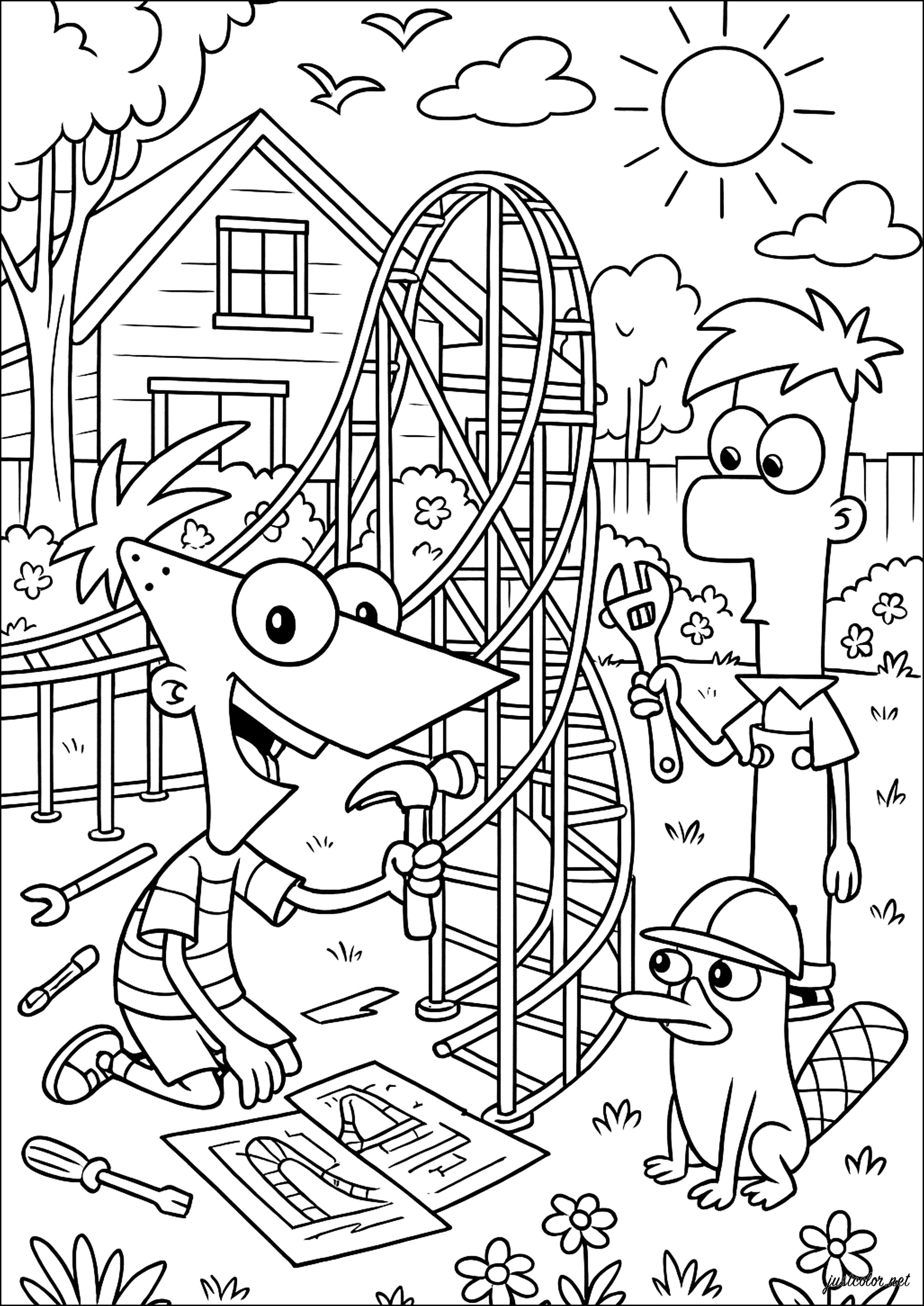 Bau einer lustigen Achterbahn (Ausmalbild von Phineas und Ferb zum Ausdrucken und Ausmalen für Kinder)