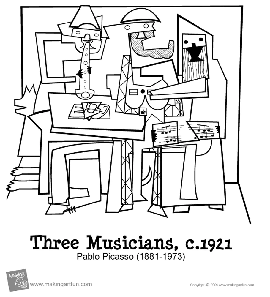 Seite zum Ausmalen von drei Musikern (Picasso)
