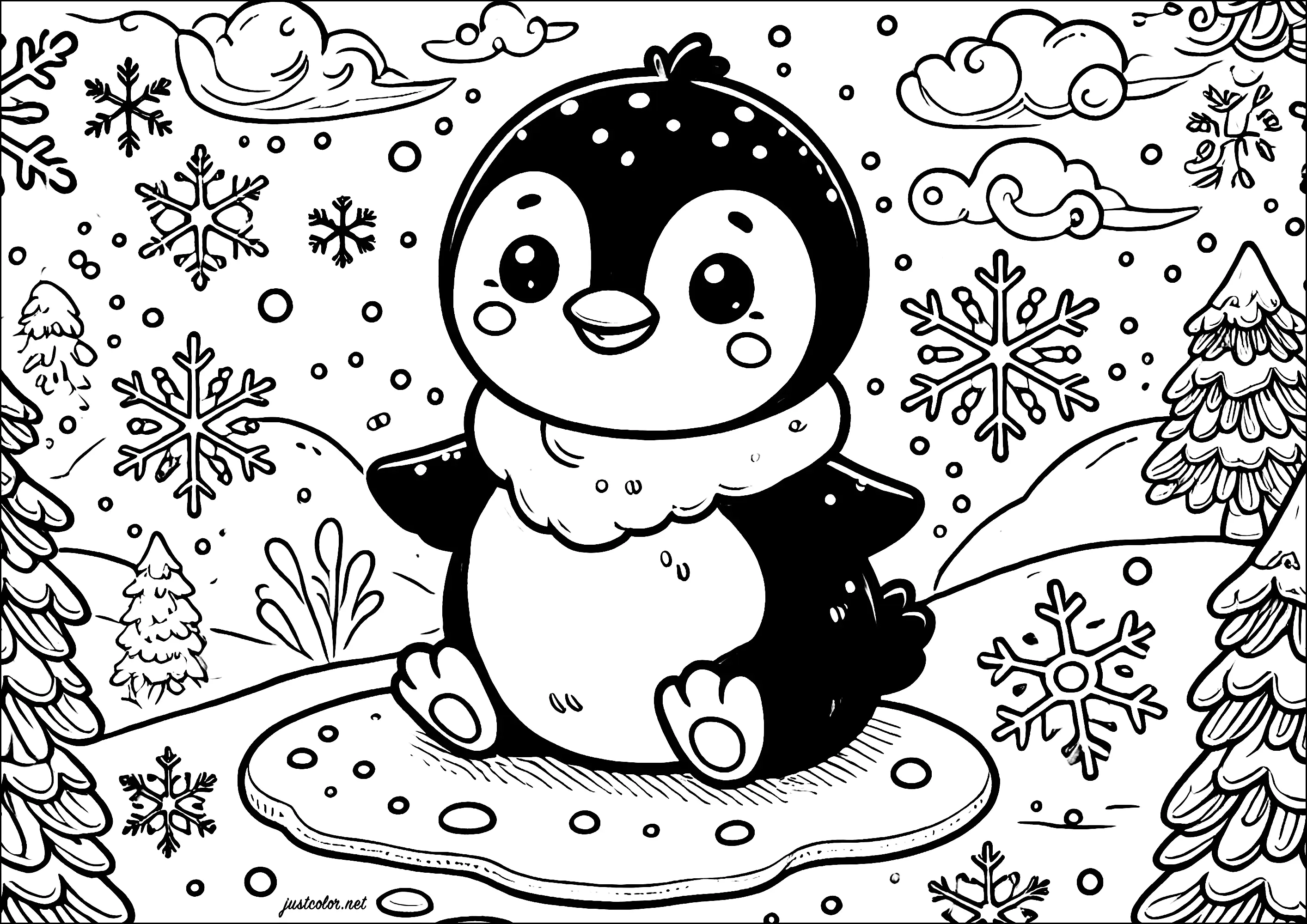 Kleiner Pinguin in einer verschneiten Landschaft (Ausmalbild von Pinguine zum Ausdrucken und Ausmalen für Kinder)