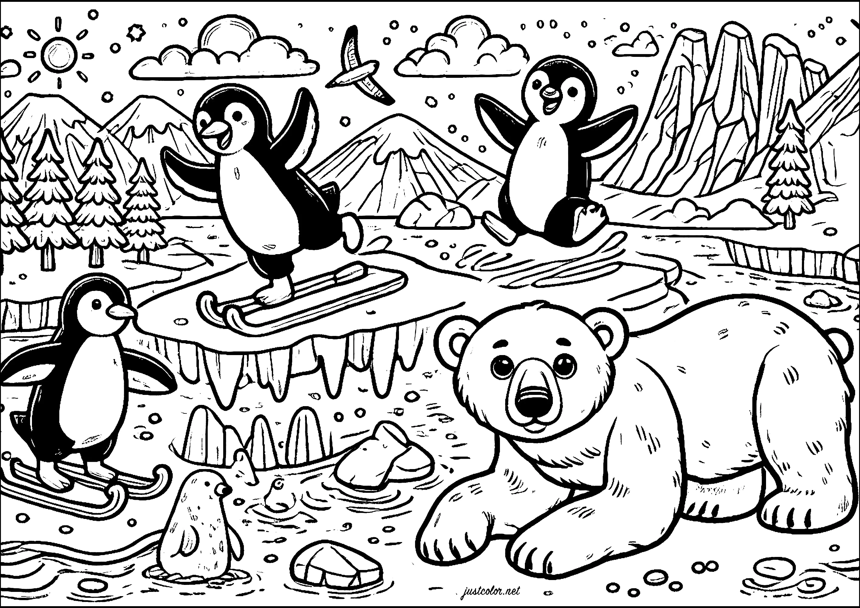 Pinguine mit einem Eisbären (Ausmalbild zum Ausdrucken und Ausmalen für Kinder)