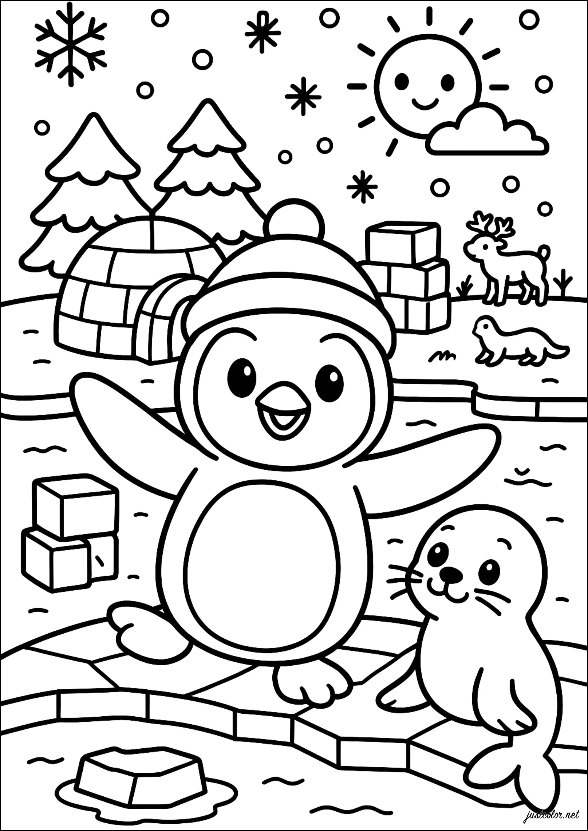 Pinguin und Robbe auf der Eisscholle (Ausmalbild von Pinguine zum Ausdrucken und Ausmalen für Kinder)
