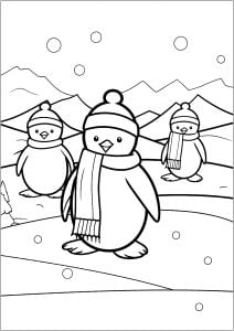 Drei Pinguine in der Antarktis. (Ausmalbild)