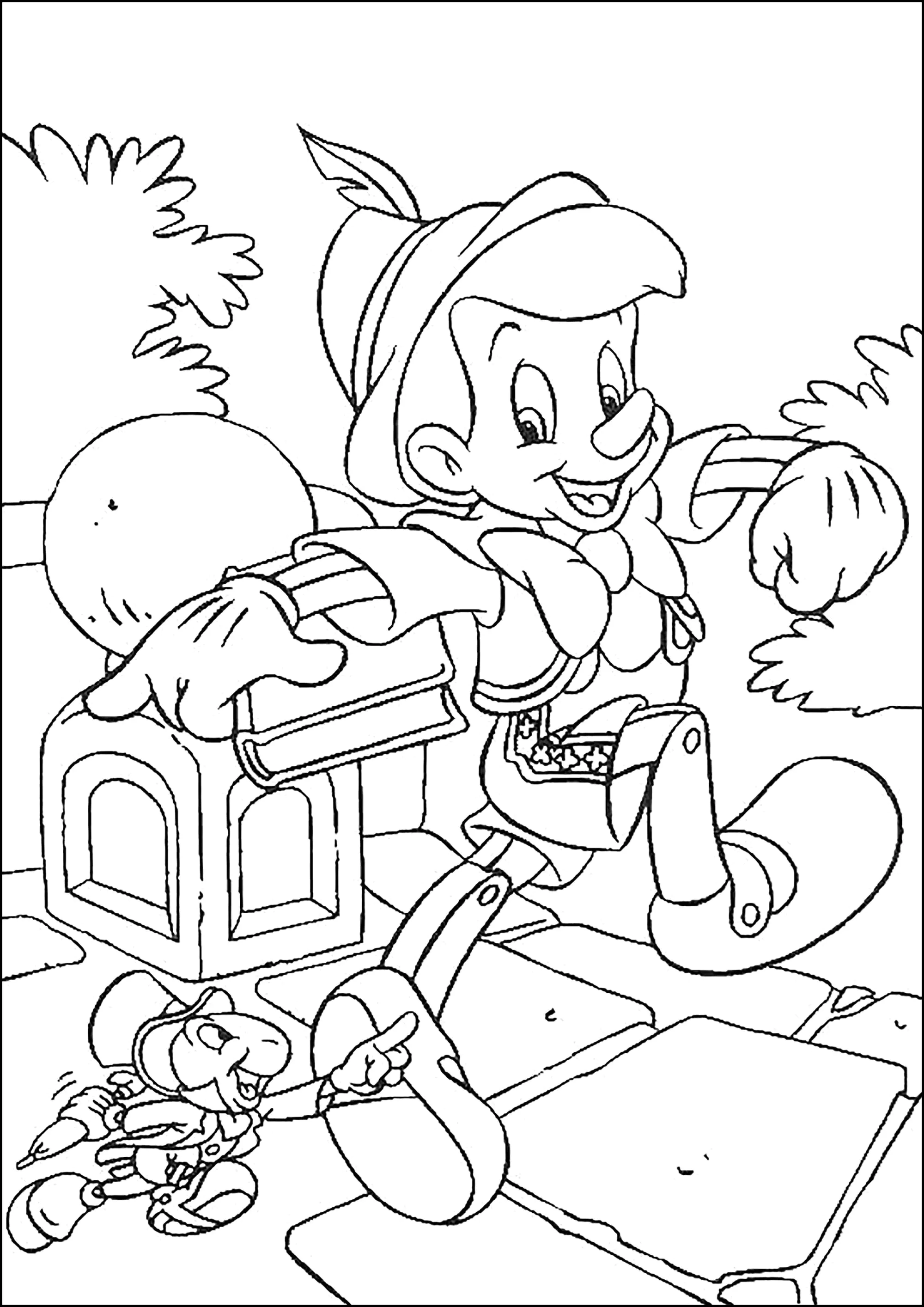 Pinocchio ist bereit für das Abenteuer. (Ausmalbild zum Ausdrucken und Ausmalen für Kinder)
