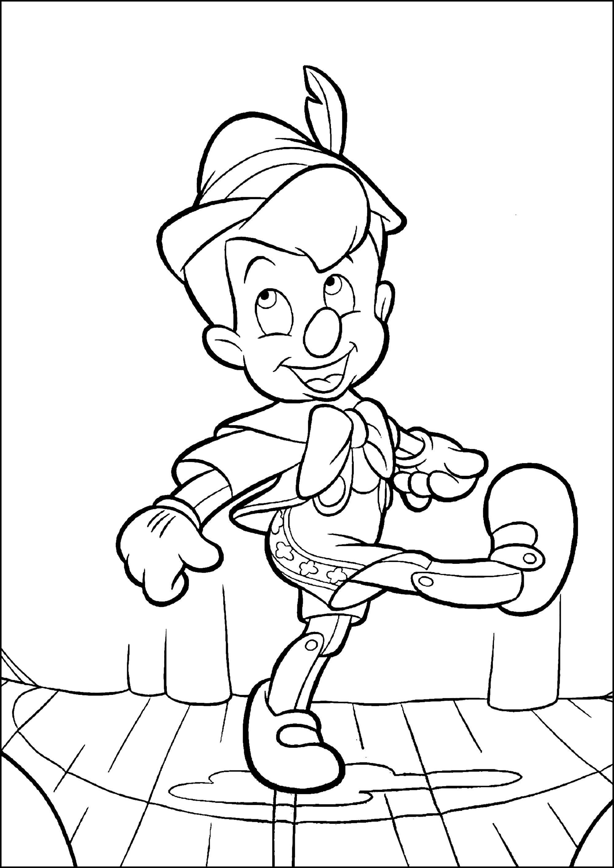 Pinocchio, der Held des Disney-Klassikers von 1940. (Ausmalbild zum Ausdrucken und Ausmalen für Kinder)