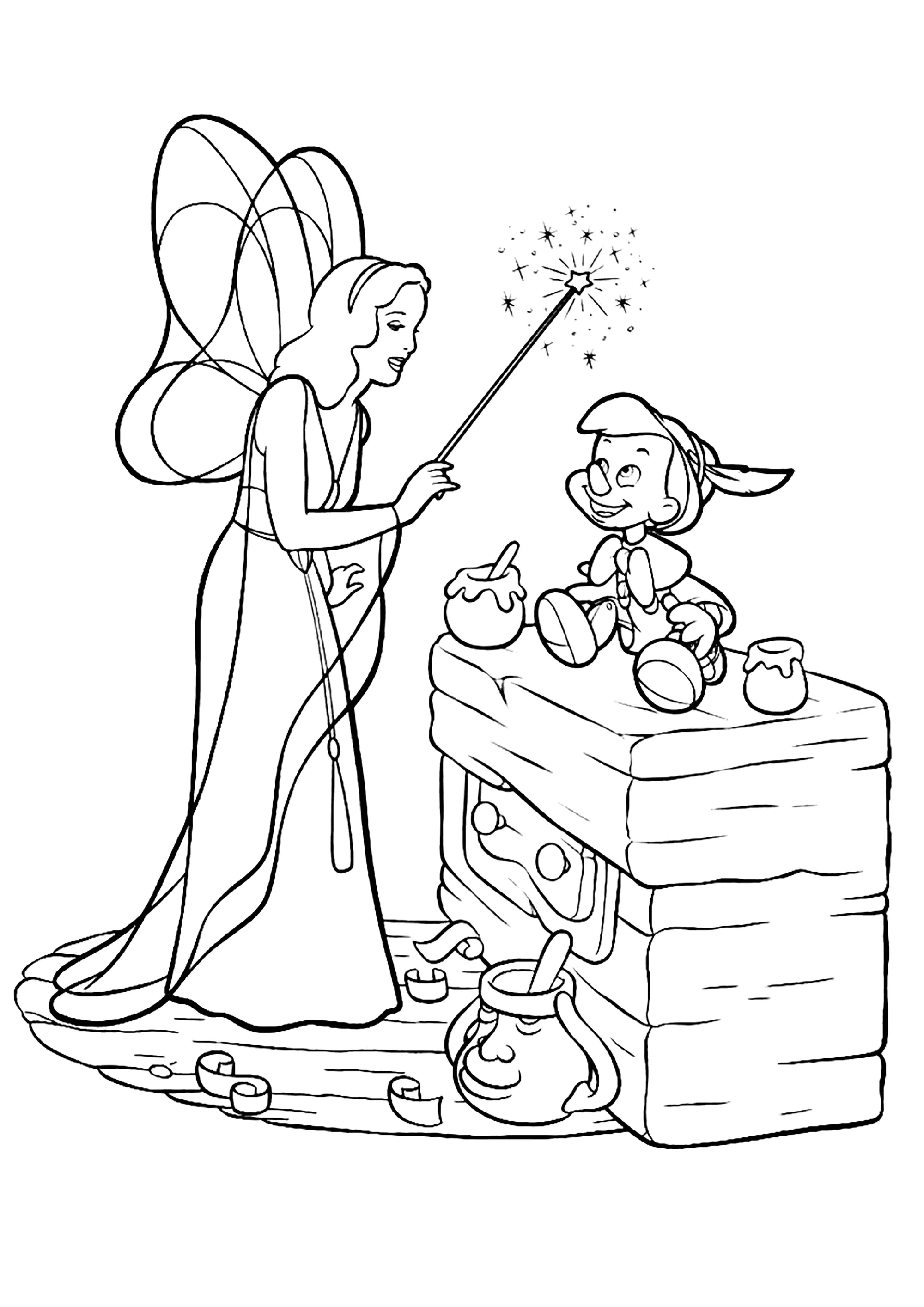 Pinocchio und die blaue Fee (Ausmalbild zum Ausdrucken und Ausmalen für Kinder)