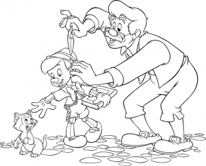 Gepetto, der 'Vater' von Pinocchio und eine kleine Katze. (Ausmalbild)