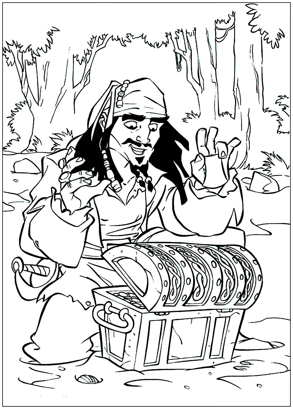 Jack Sparrow und sein Schatz. (Ausmalbild von Piraten der Karibik zum Ausdrucken und Ausmalen für Kinder)