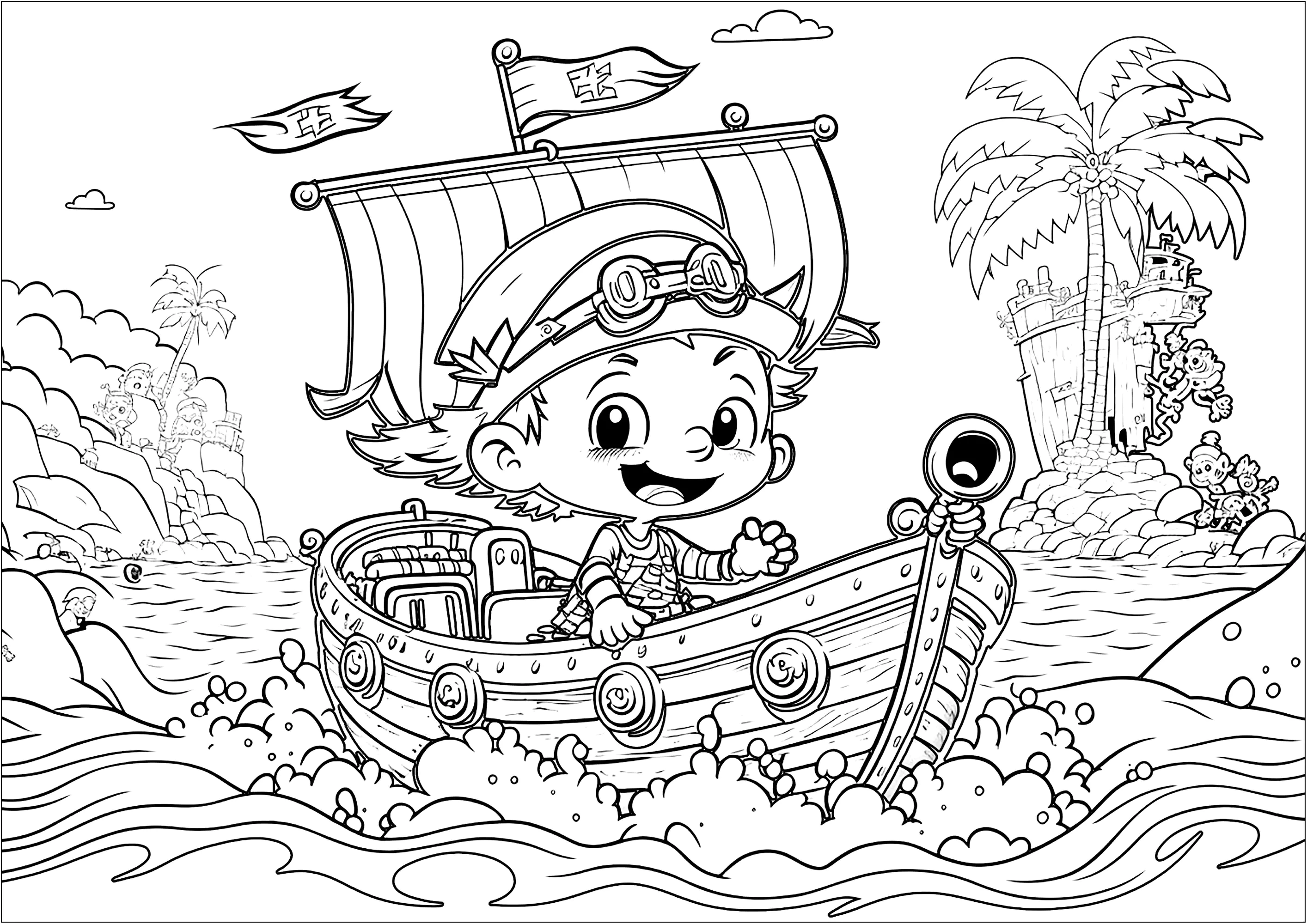 Netter Pirat auf seinem Boot. (Ausmalbild von Piraten zum Ausdrucken und Ausmalen für Kinder)