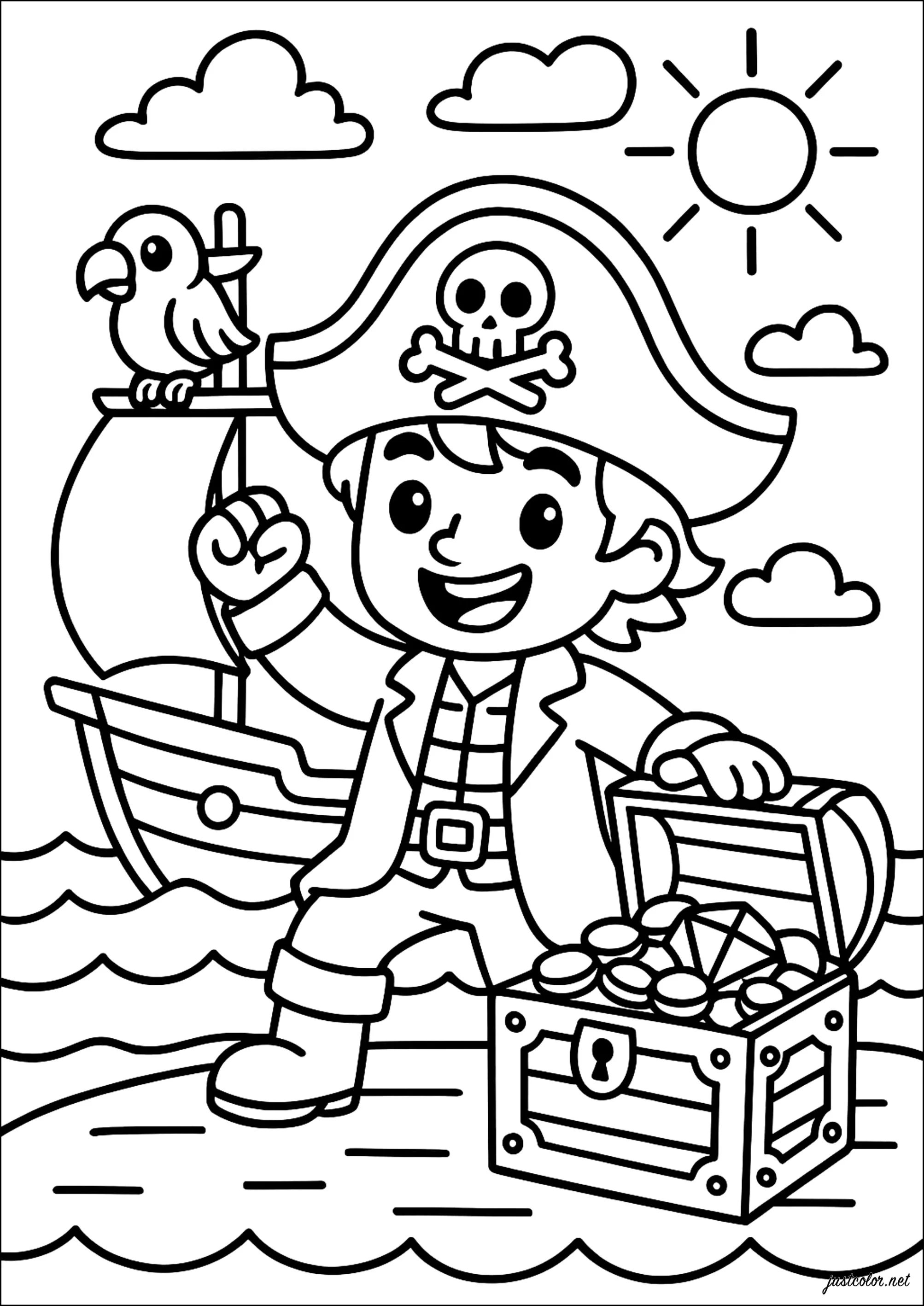 Der fröhliche Kapitän und sein Schatz (Ausmalbild von Piraten zum Ausdrucken und Ausmalen für Kinder)