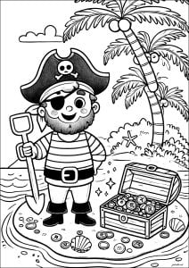 Pirat, der auf einer einsamen Insel einen Schatz gefunden hat (Ausmalbild von Piraten)