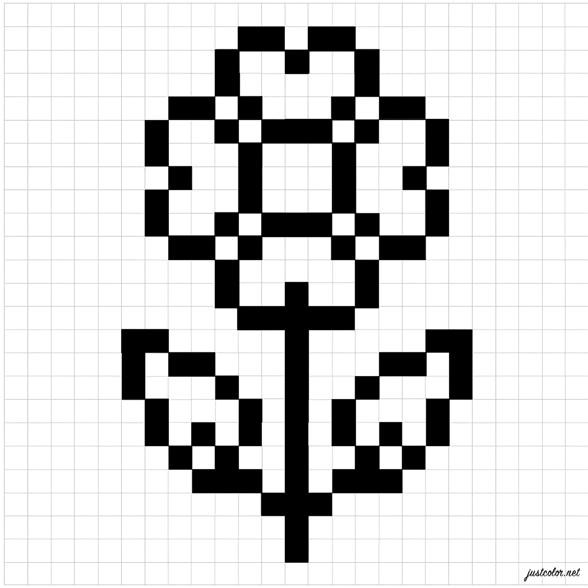 Hübsche Blume mit zarten Blättern (Ausmalbild von Pixel Art zum Ausdrucken und Ausmalen für Kinder)