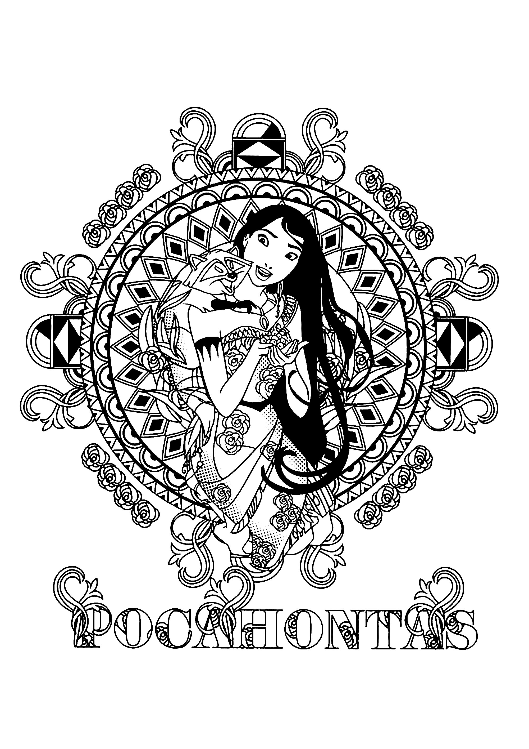 Pocahontas in einem hübschen Mandala. (Ausmalbild zum Ausdrucken und Ausmalen für Kinder)