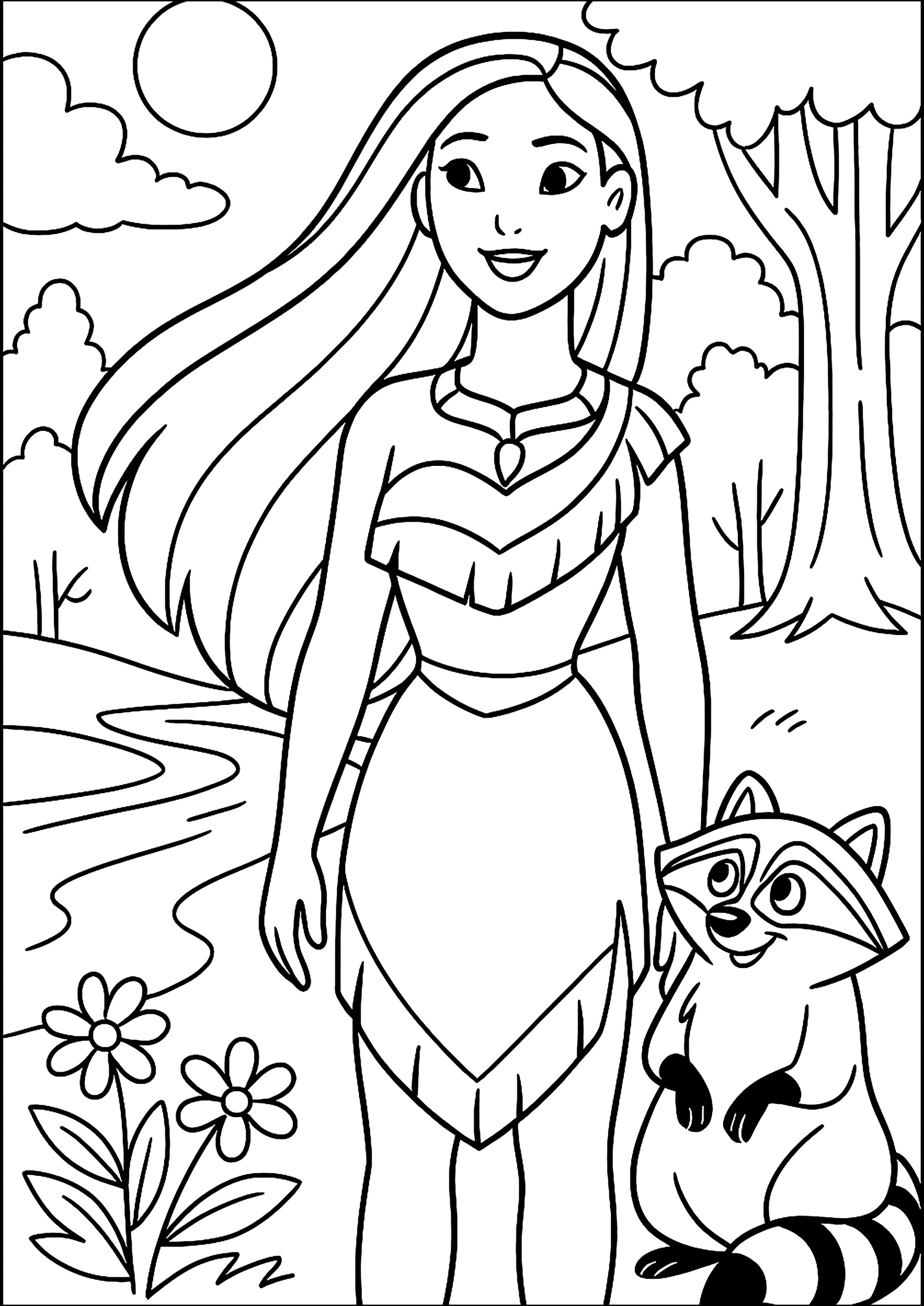 Pocahontas und ihr Freund der Waschbär (Ausmalbild zum Ausdrucken und Ausmalen für Kinder)