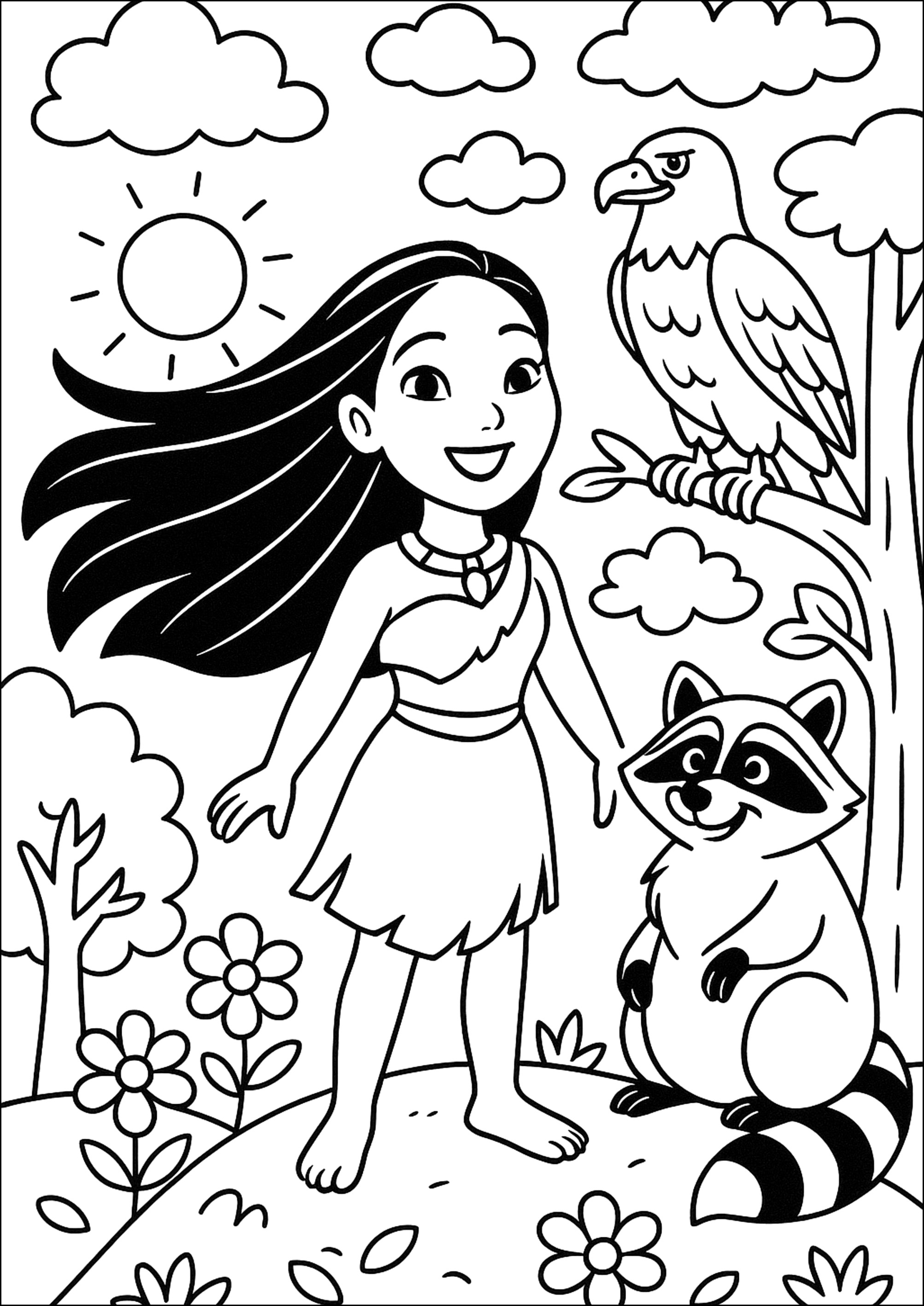 Pocahontas und ihre Freunde aus dem Wald (Ausmalbild zum Ausdrucken und Ausmalen für Kinder)