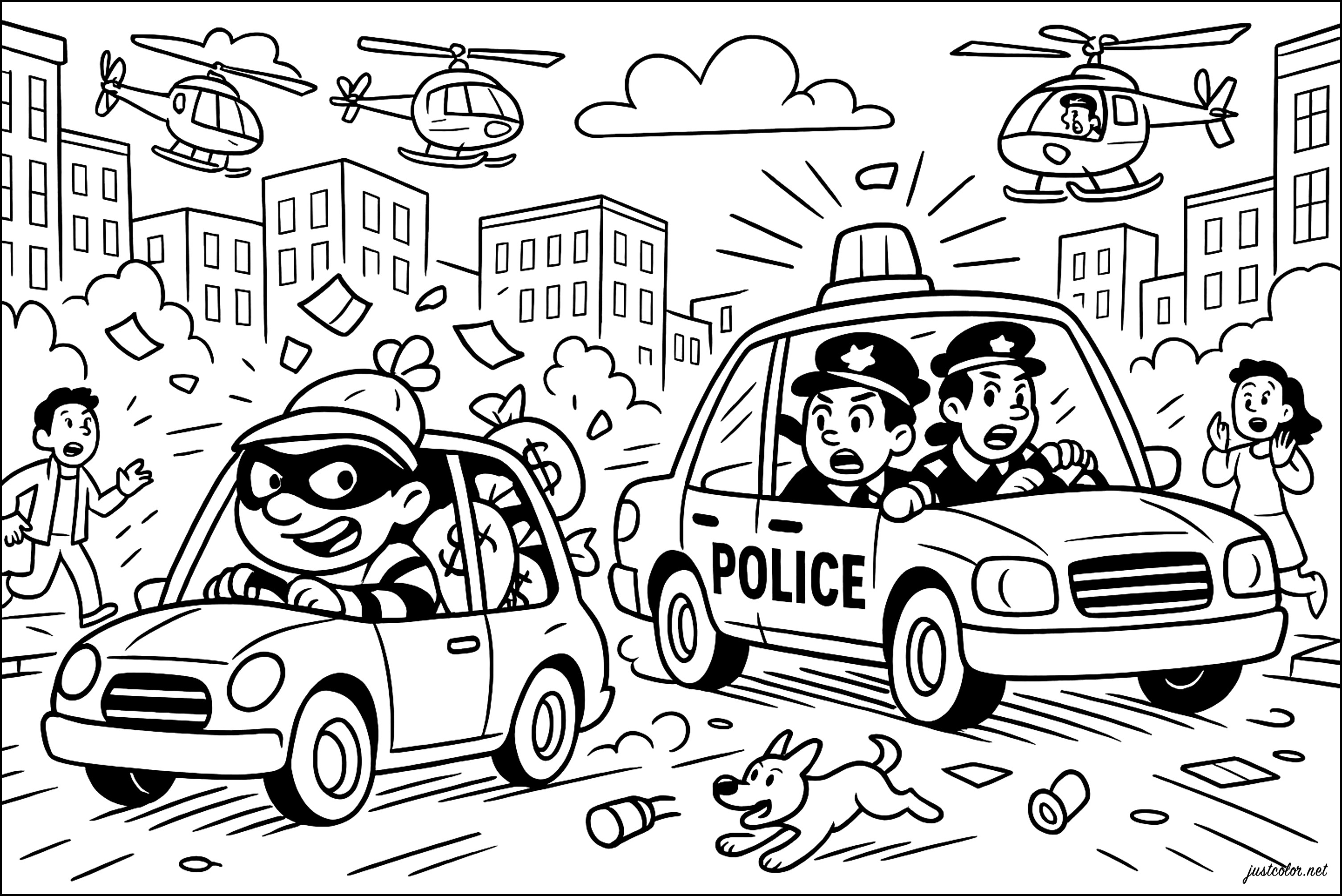 Verfolgung mitten in der Stadt (Ausmalbild von Polizei zum Ausdrucken und Ausmalen für Kinder)