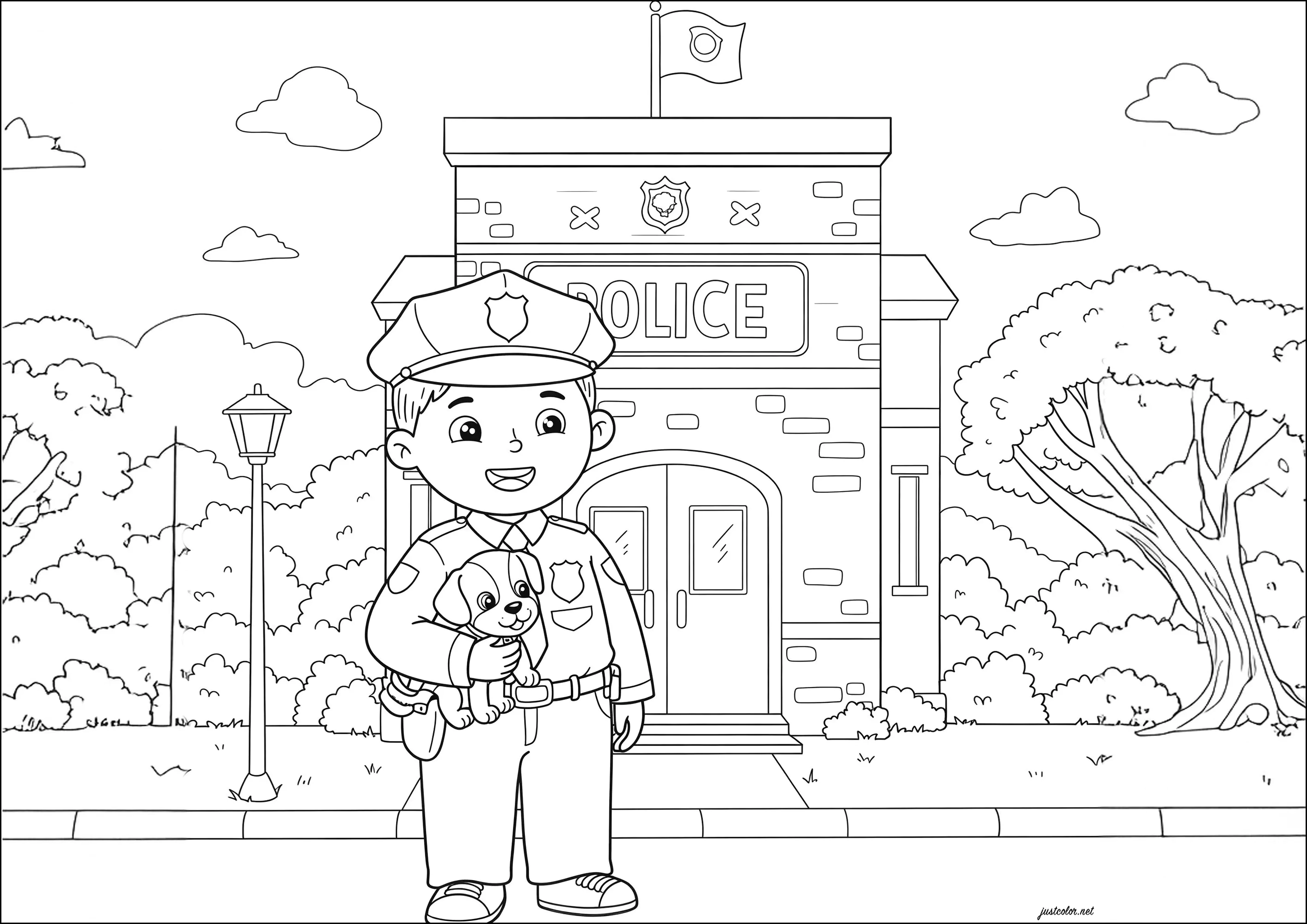 Polizist und sein kleiner Hund, vor der Polizeistation (Ausmalbild von Polizei zum Ausdrucken und Ausmalen für Kinder)