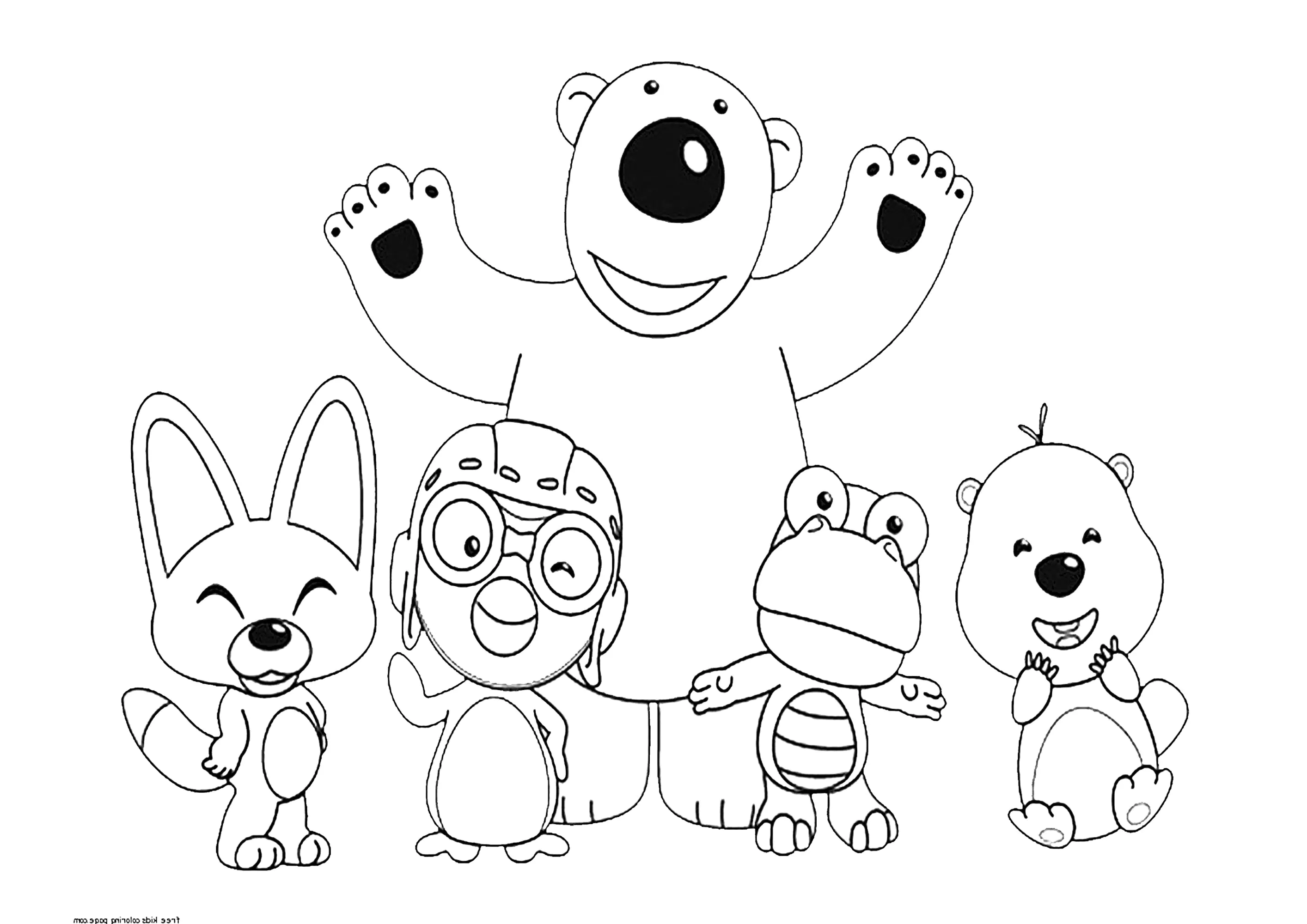 Poby, der Bär, mit Pororo und seinen Freunden. (Ausmalbild zum Ausdrucken und Ausmalen für Kinder)