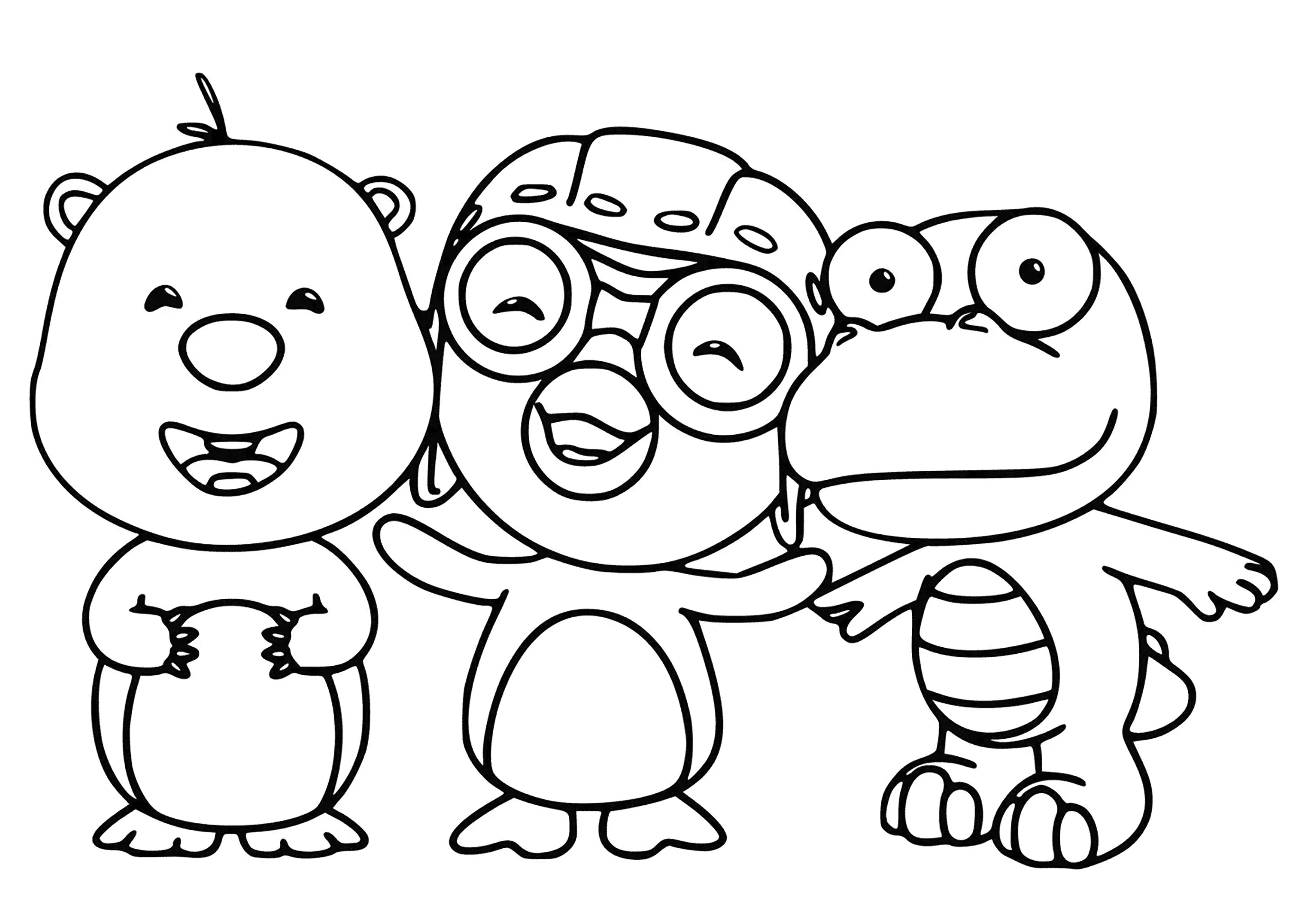 Drei Freunde (Ausmalbild von Pororo zum Ausdrucken und Ausmalen für Kinder)