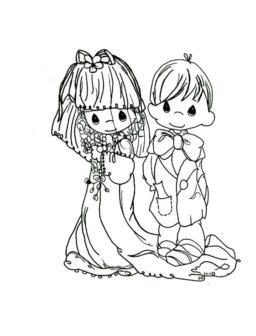 Schöne Hochzeit (Ausmalbild von Precious Moments zum Ausdrucken und Ausmalen für Kinder)