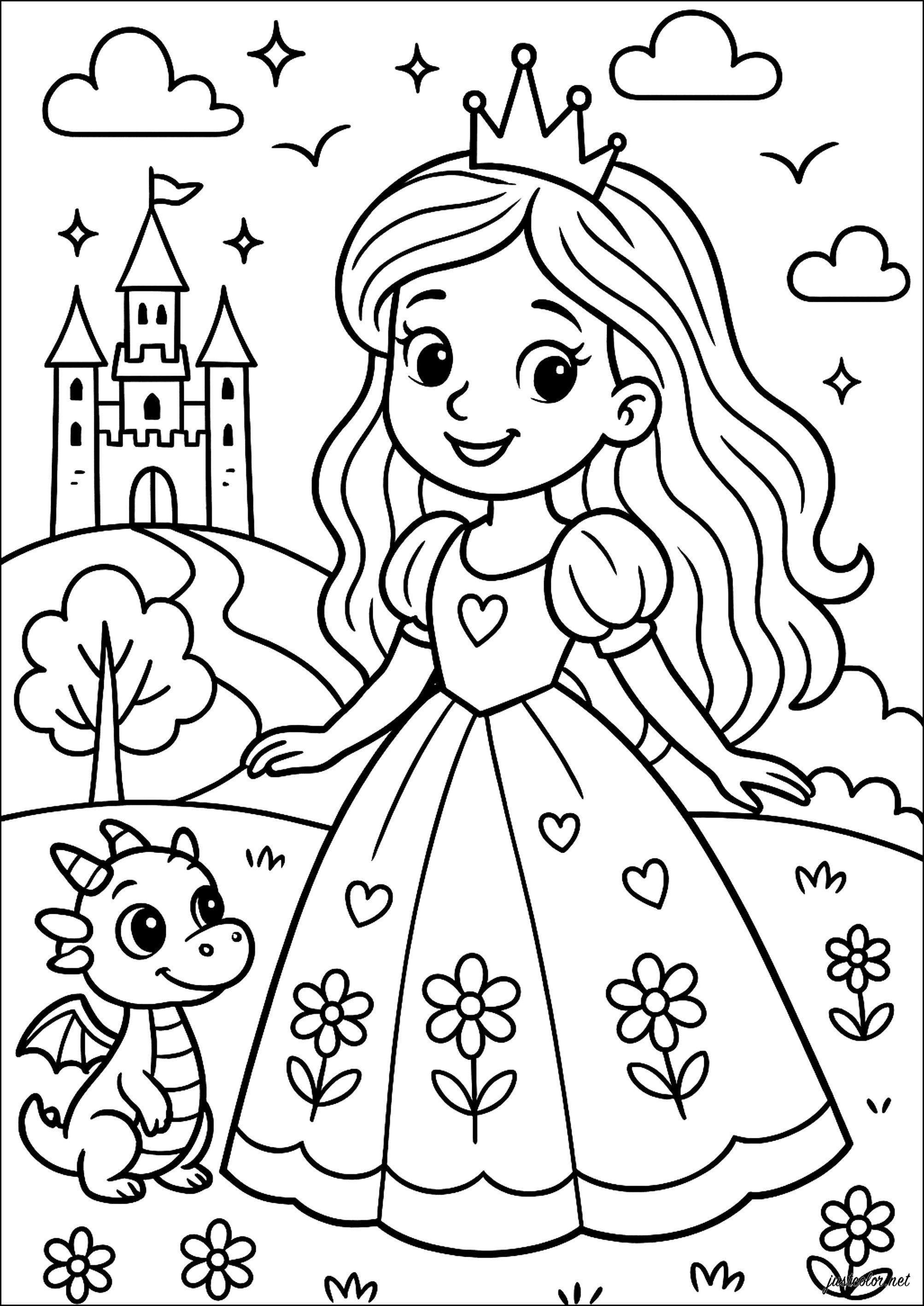 Eine Prinzessin und ihr fröhlicher Drache (Ausmalbild von Prinzessinnen zum Ausdrucken und Ausmalen für Kinder)