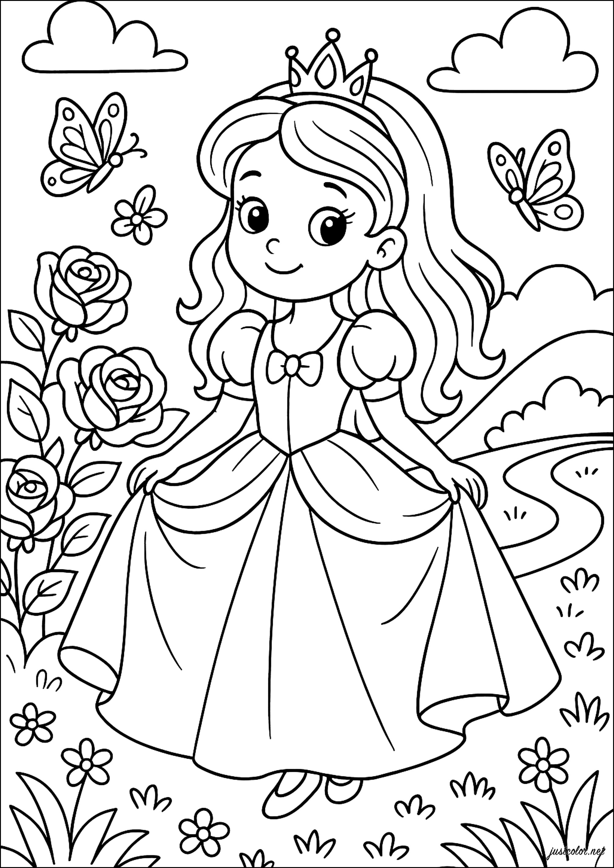 Prinzessin in einem Garten mit schönen Rosen (Ausmalbild von Prinzessinnen zum Ausdrucken und Ausmalen für Kinder)