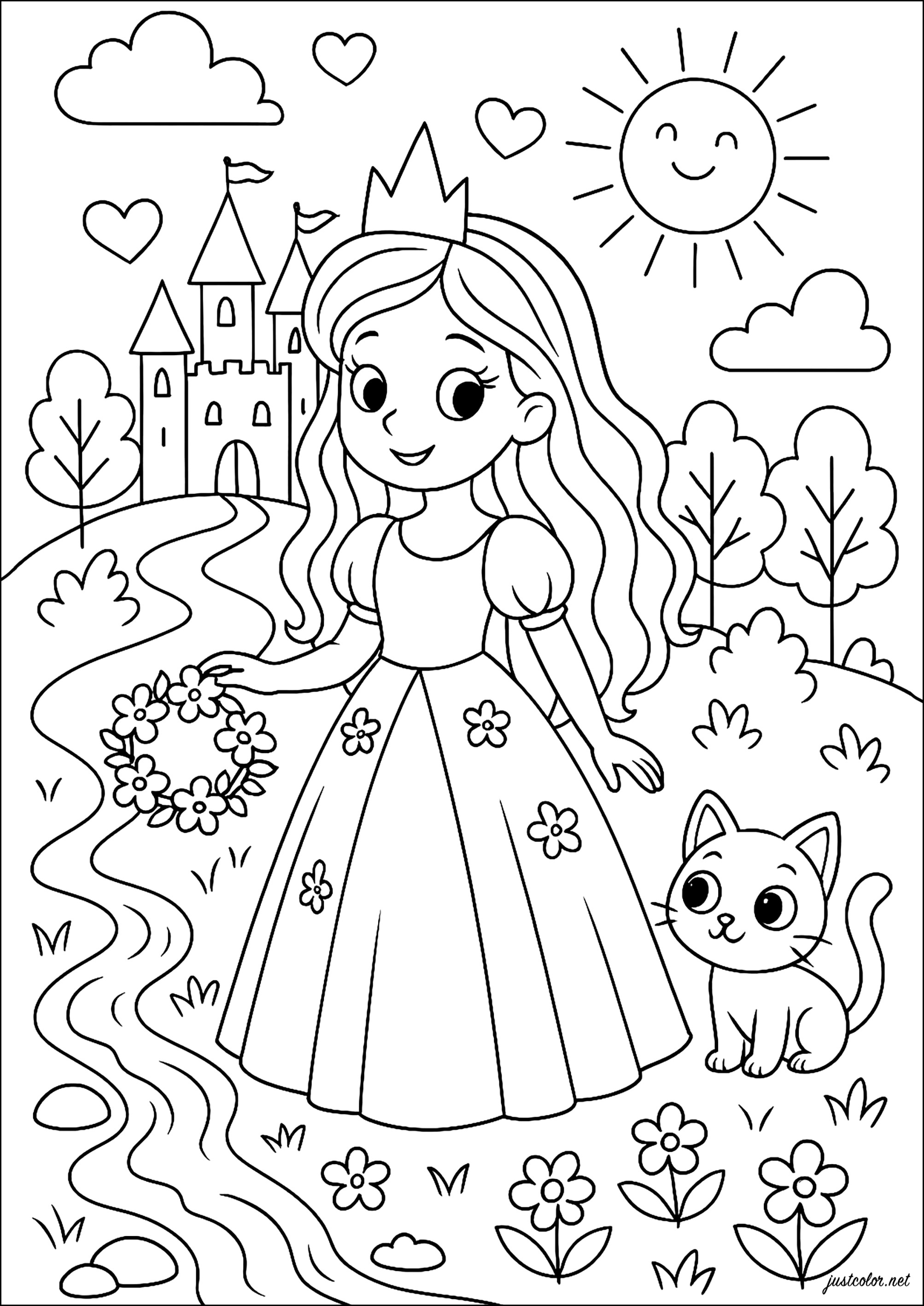 Die Prinzessin und der verzauberte Bach (Ausmalbild von Prinzessinnen zum Ausdrucken und Ausmalen für Kinder)
