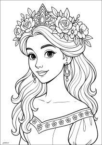 Hübsche Prinzessin mit Blumenkranz (Ausmalbild von Prinzessinnen)
