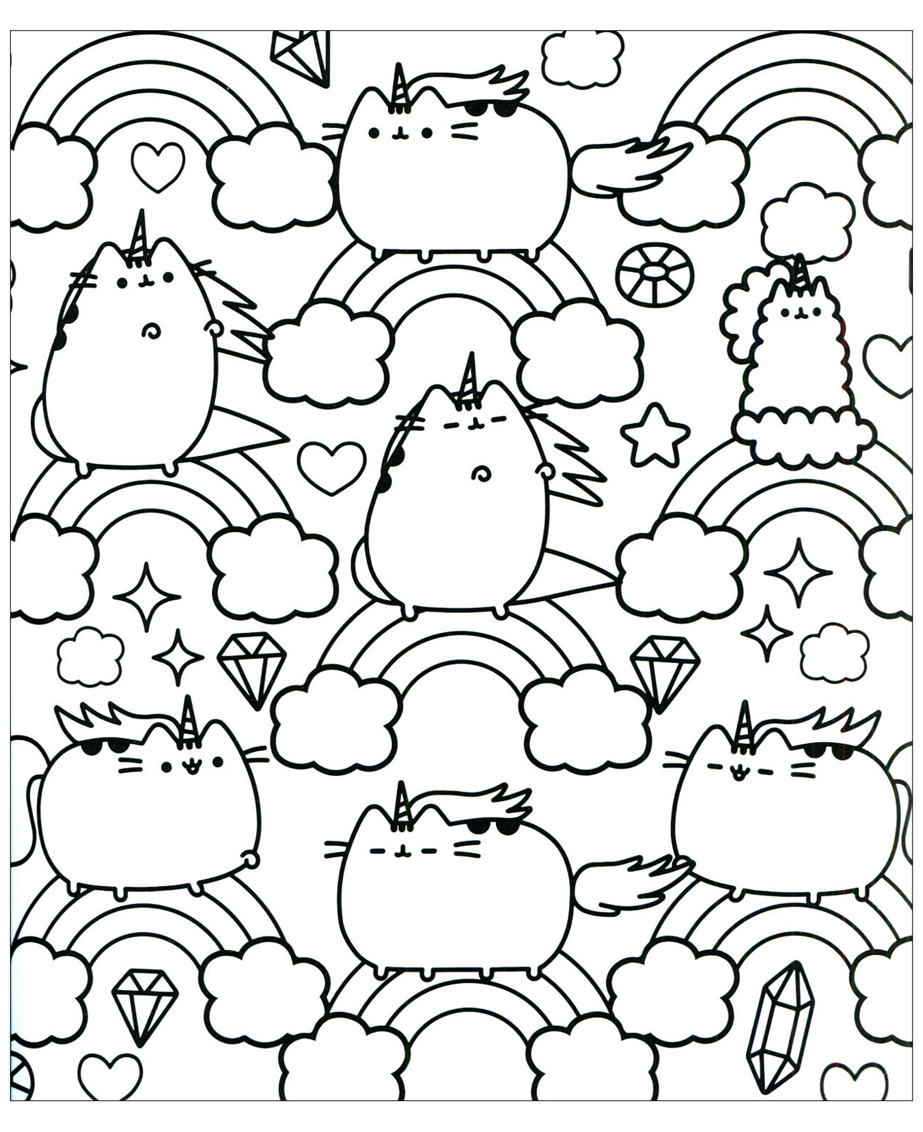 Pusheen & Regenbogen (Ausmalbild zum Ausdrucken und Ausmalen für Kinder)