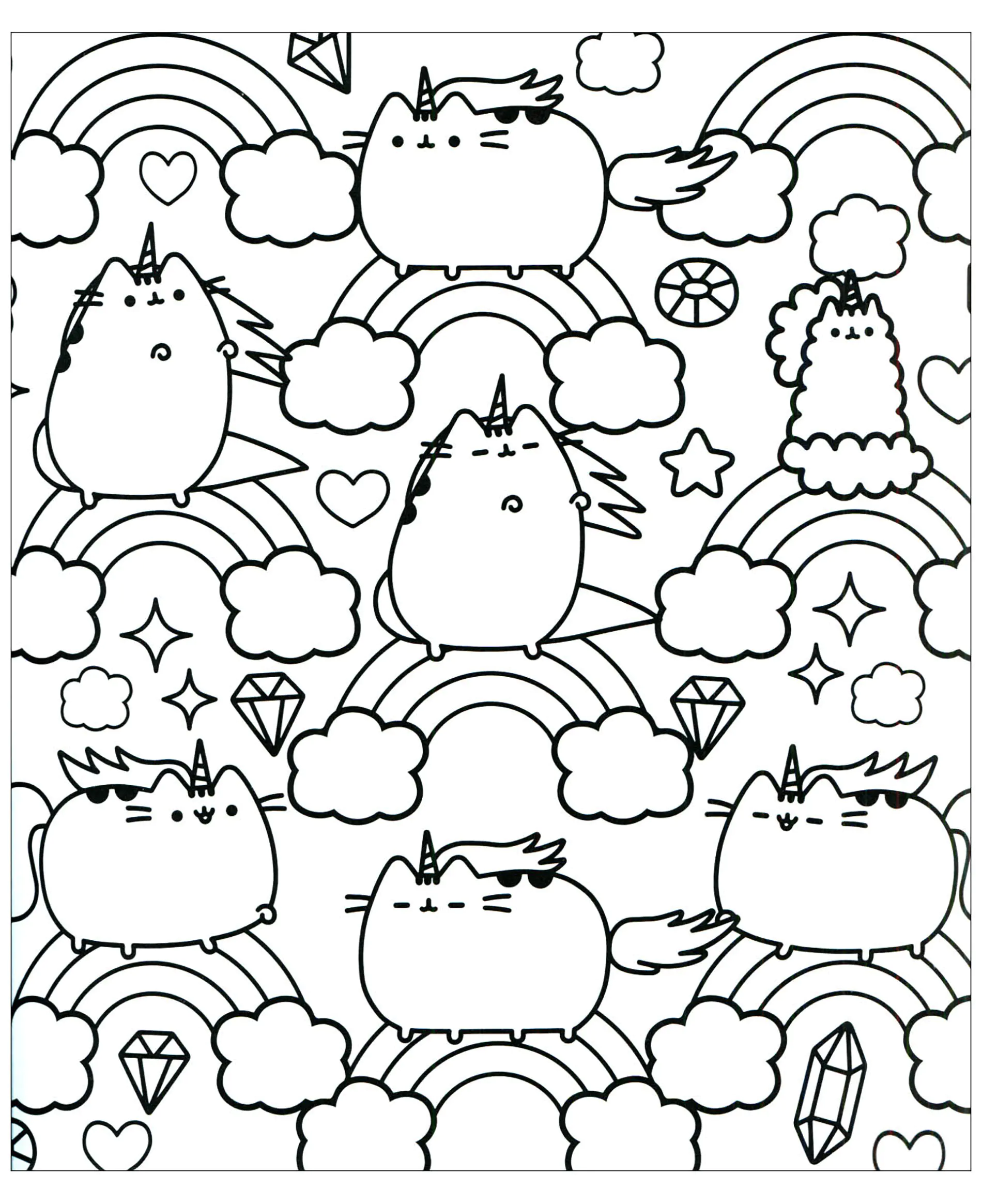 Pusheen & Regenbogen (Ausmalbild zum Ausdrucken und Ausmalen für Kinder)