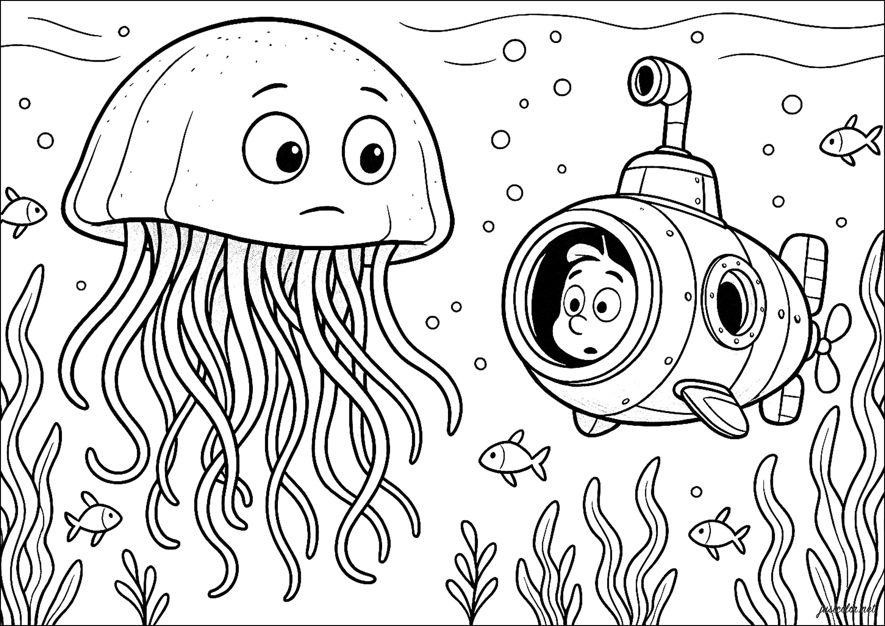 Das U-Boot und der Riesenqualle (Ausmalbild von Qualle zum Ausdrucken und Ausmalen für Kinder)