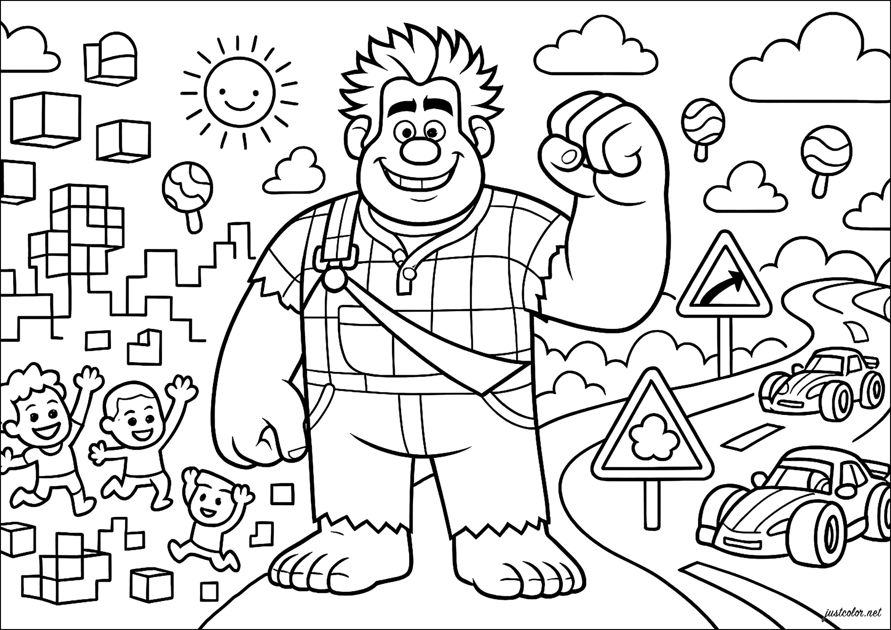 Ralph im Herzen der Welt der Videospiele (Ausmalbild von Ralph reichts zum Ausdrucken und Ausmalen für Kinder)