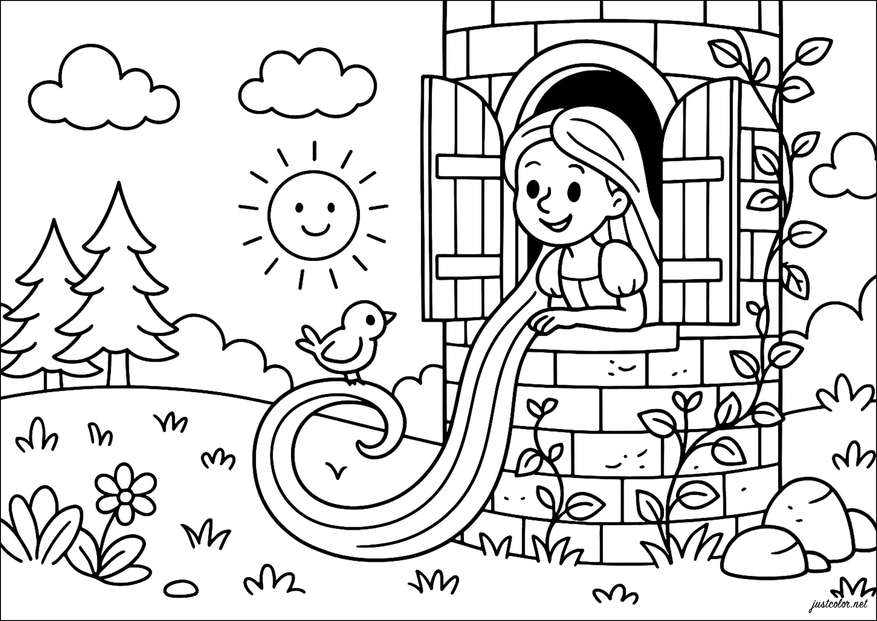 Rapunzel - Neu verföhnt an ihrem Fenster mit einem kleinen Vogel (Ausmalbild von Rapunzel – Neu verfoehnt zum Ausdrucken und Ausmalen für Kinder)