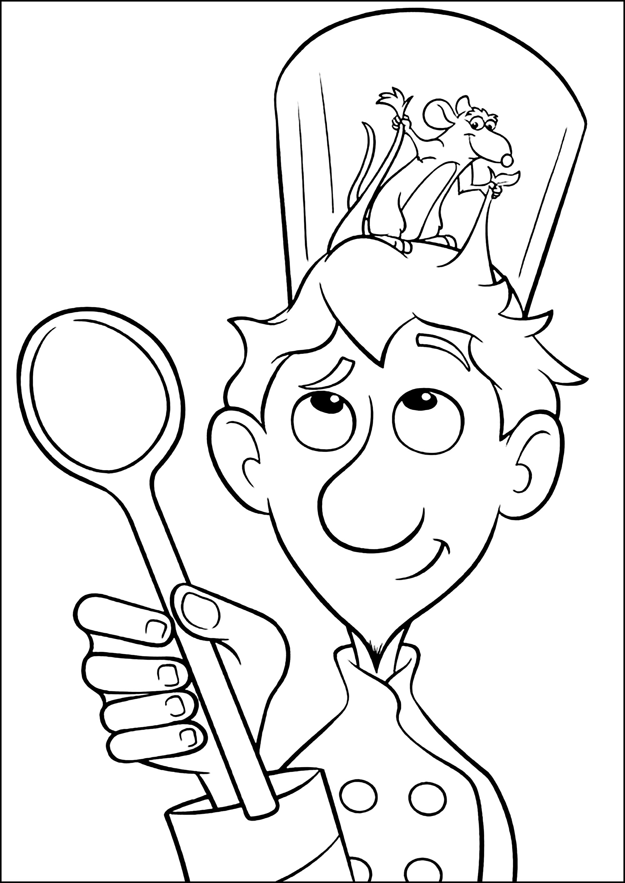 Alfredo Linguini und Ratatouille in seinem Hut. (Ausmalbild zum Ausdrucken und Ausmalen für Kinder)