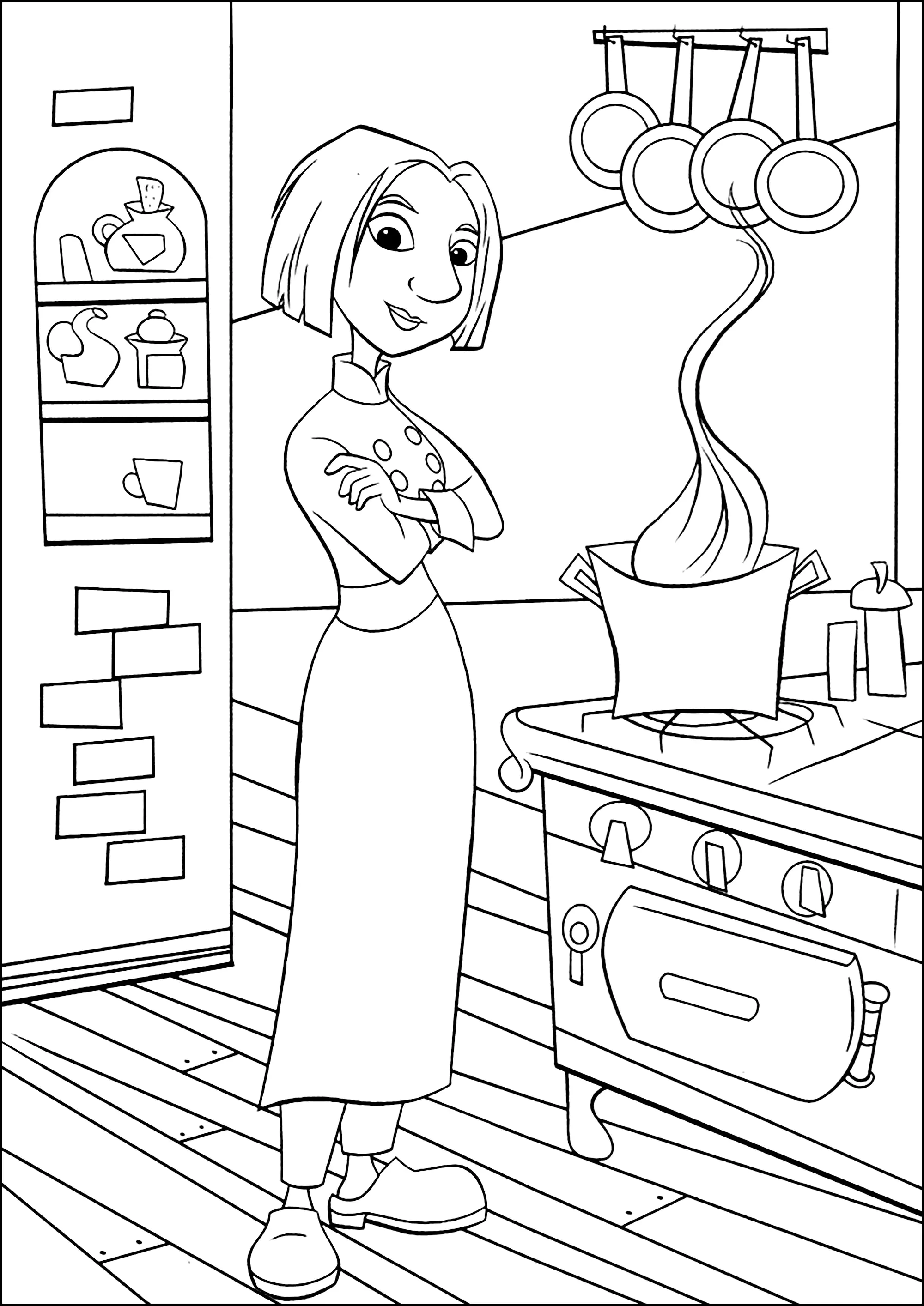 Colette Tatou am Herd. (Ausmalbild von Ratatouille zum Ausdrucken und Ausmalen für Kinder)