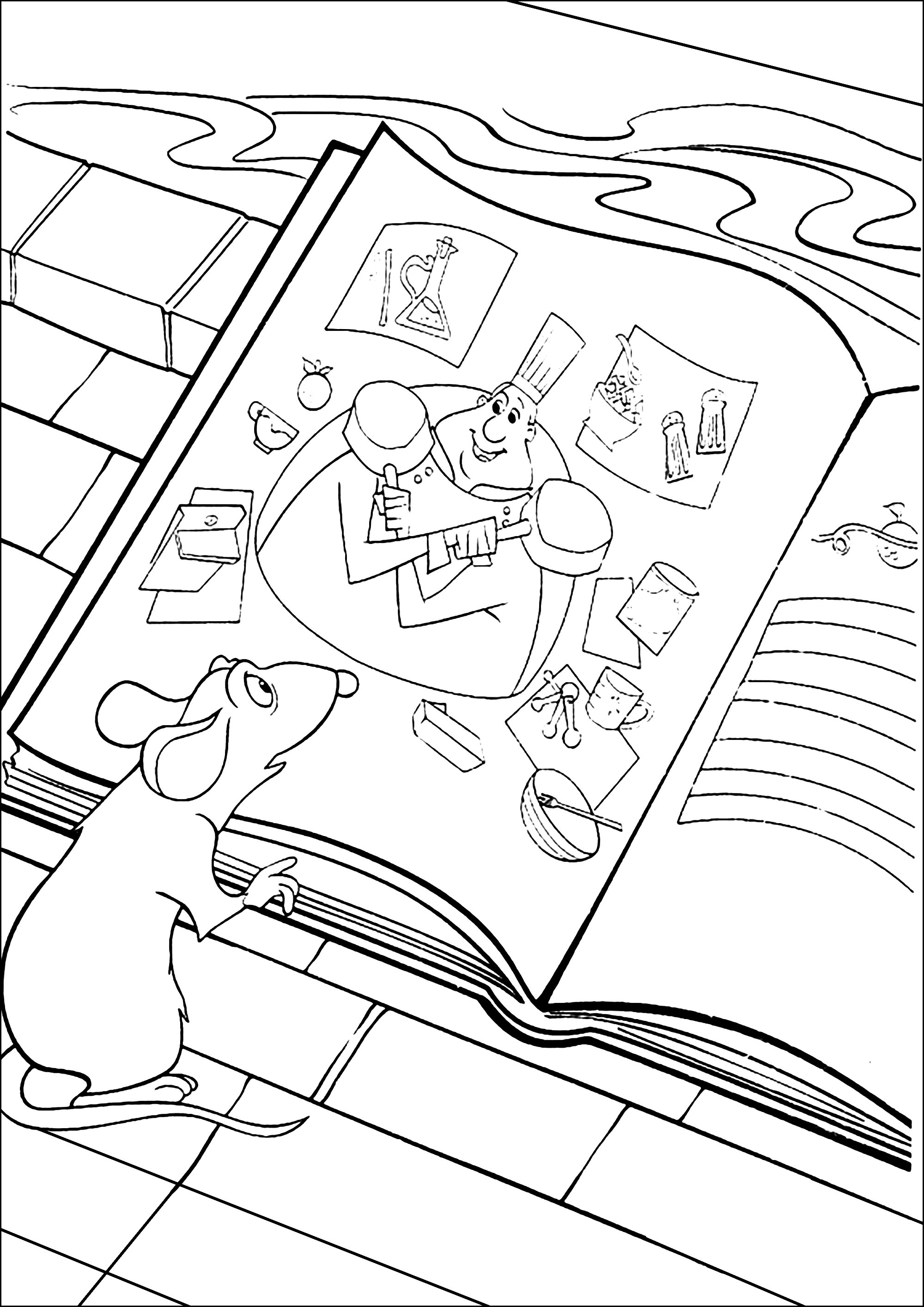 Ratatouille liest ein Buch von Auguste Gusteau. (Ausmalbild zum Ausdrucken und Ausmalen für Kinder)