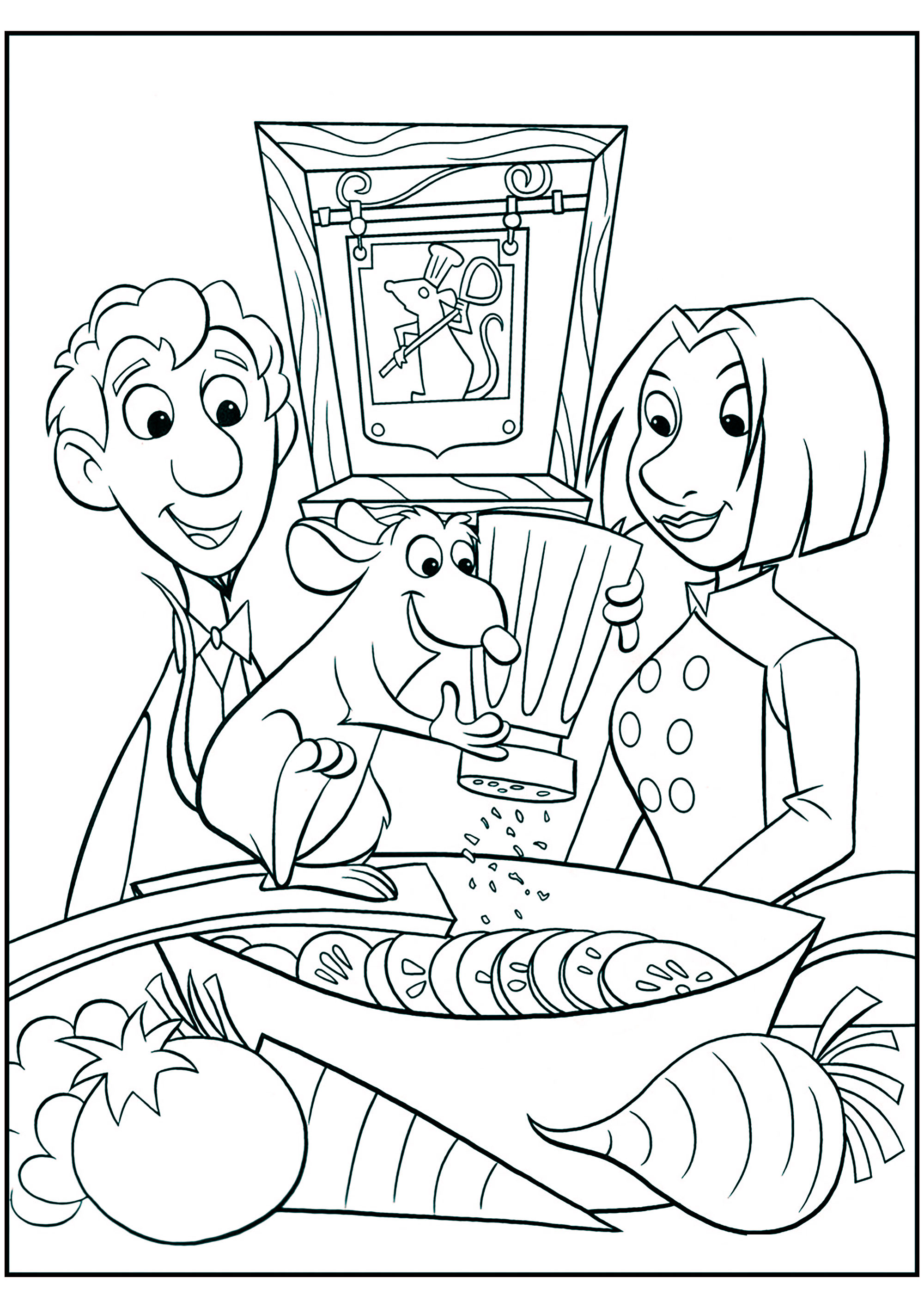 Ratatouille mit Alfredo Linguini und Colette Tatou. (Ausmalbild zum Ausdrucken und Ausmalen für Kinder)