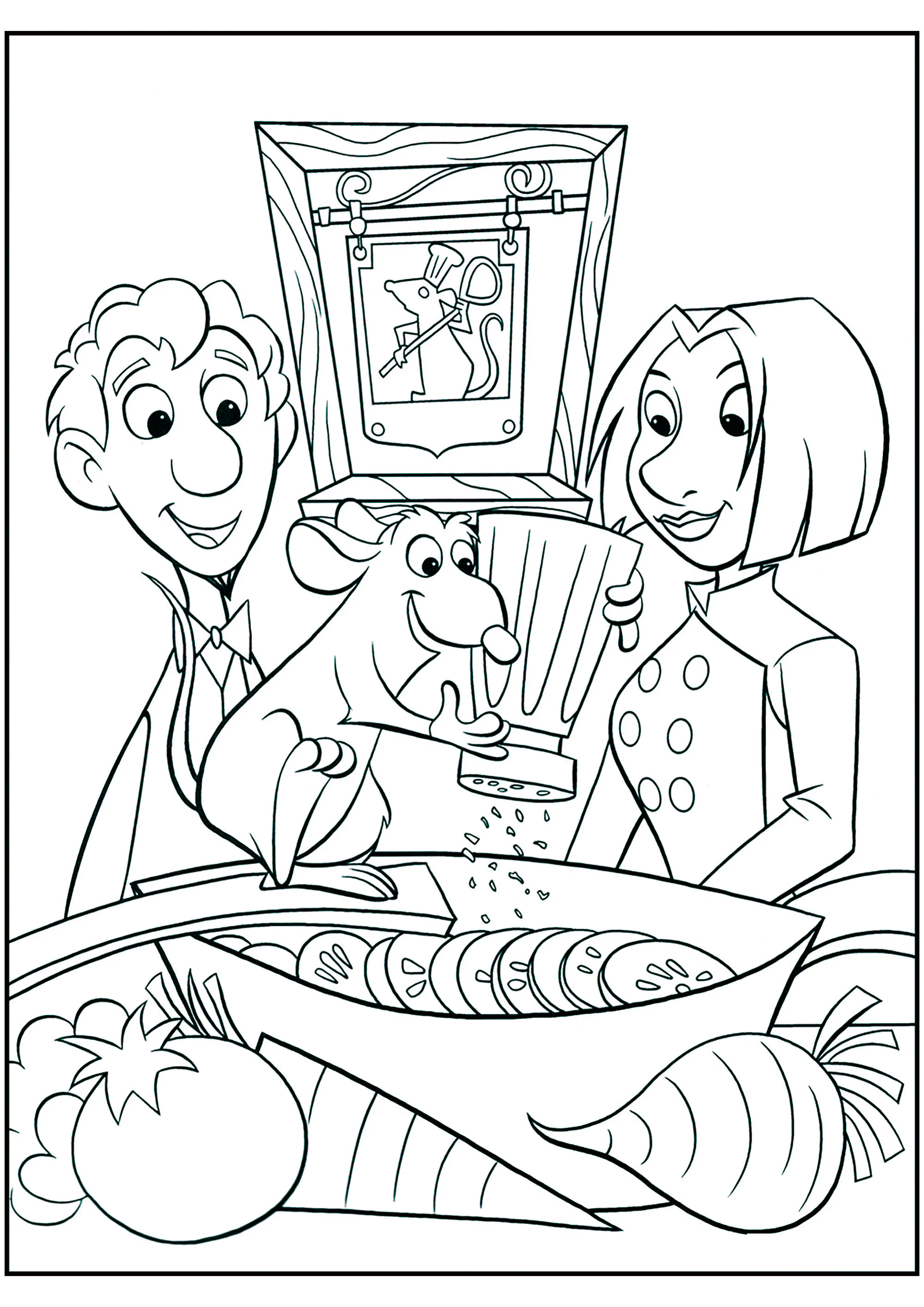 Ratatouille mit Alfredo Linguini und Colette Tatou. (Ausmalbild zum Ausdrucken und Ausmalen für Kinder)