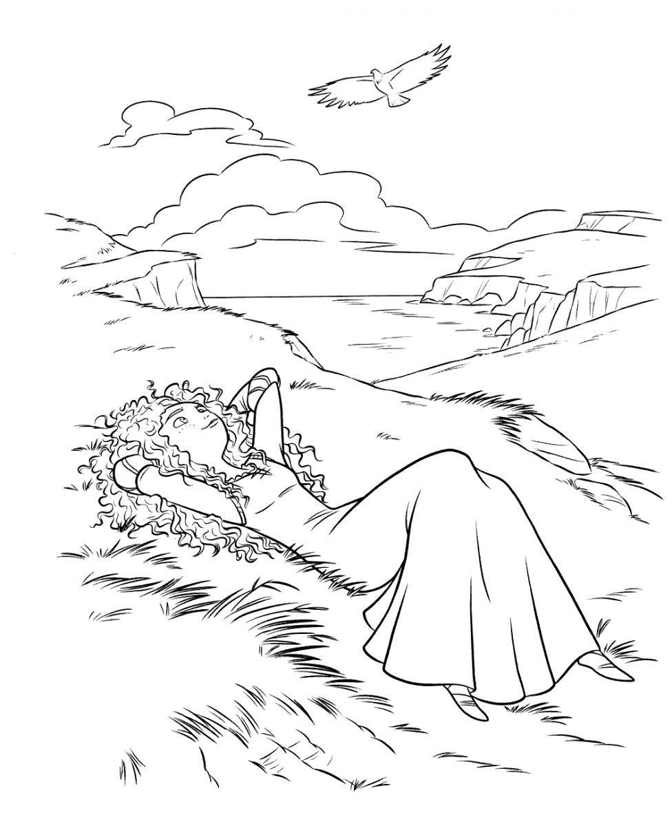 Merida liegt und genießt die Natur (Ausmalbild von Rebell zum Ausdrucken und Ausmalen für Kinder)