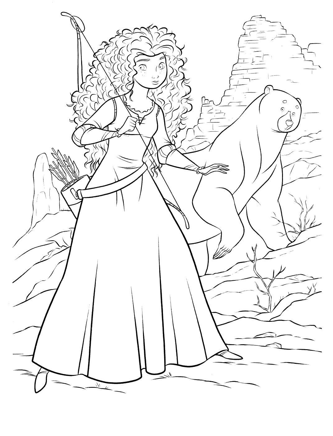 Merida und ihre Mutter, die durch den Zauberspruch der Hexe in einen Bären verwandelt wurde (Ausmalbild von Rebell zum Ausdrucken und Ausmalen für Kinder)