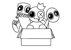 Rainbow Friends Charaktere, die aus einer Box kommen. (Ausmalbild von Regenbogen Freunde)