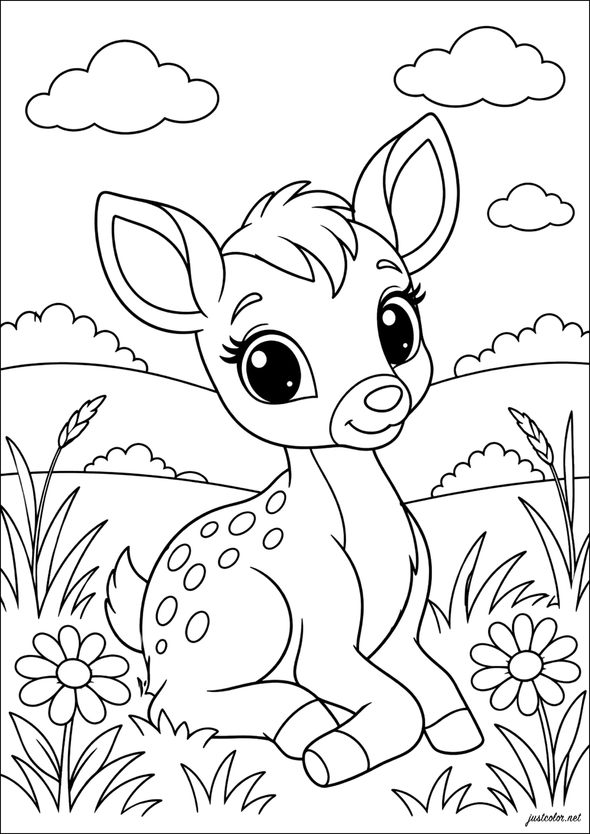 Rehkitz sitzt in einem Feld mit Blumen (Ausmalbild zum Ausdrucken und Ausmalen für Kinder)